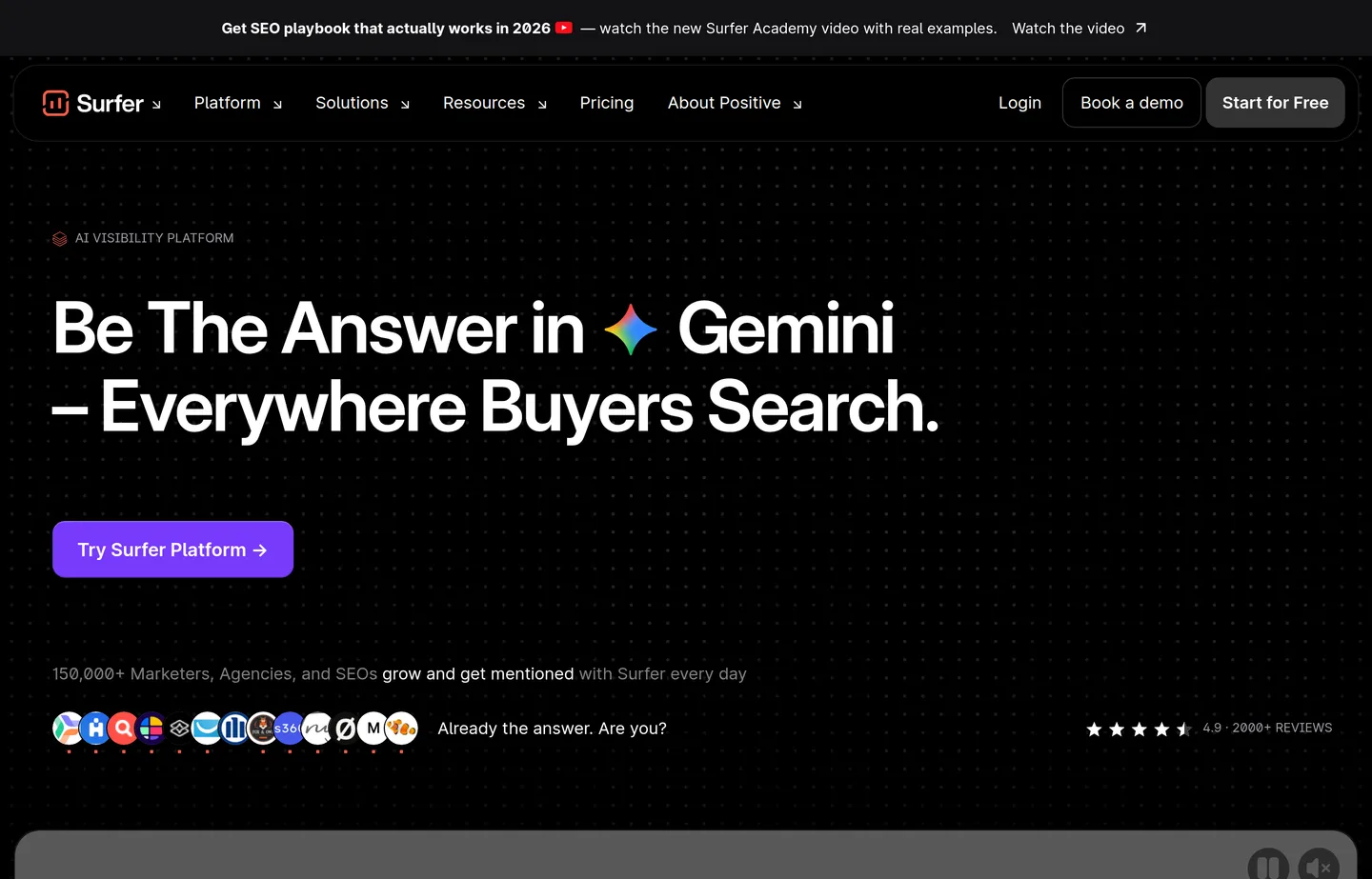 The Surfer SEO website homepage.