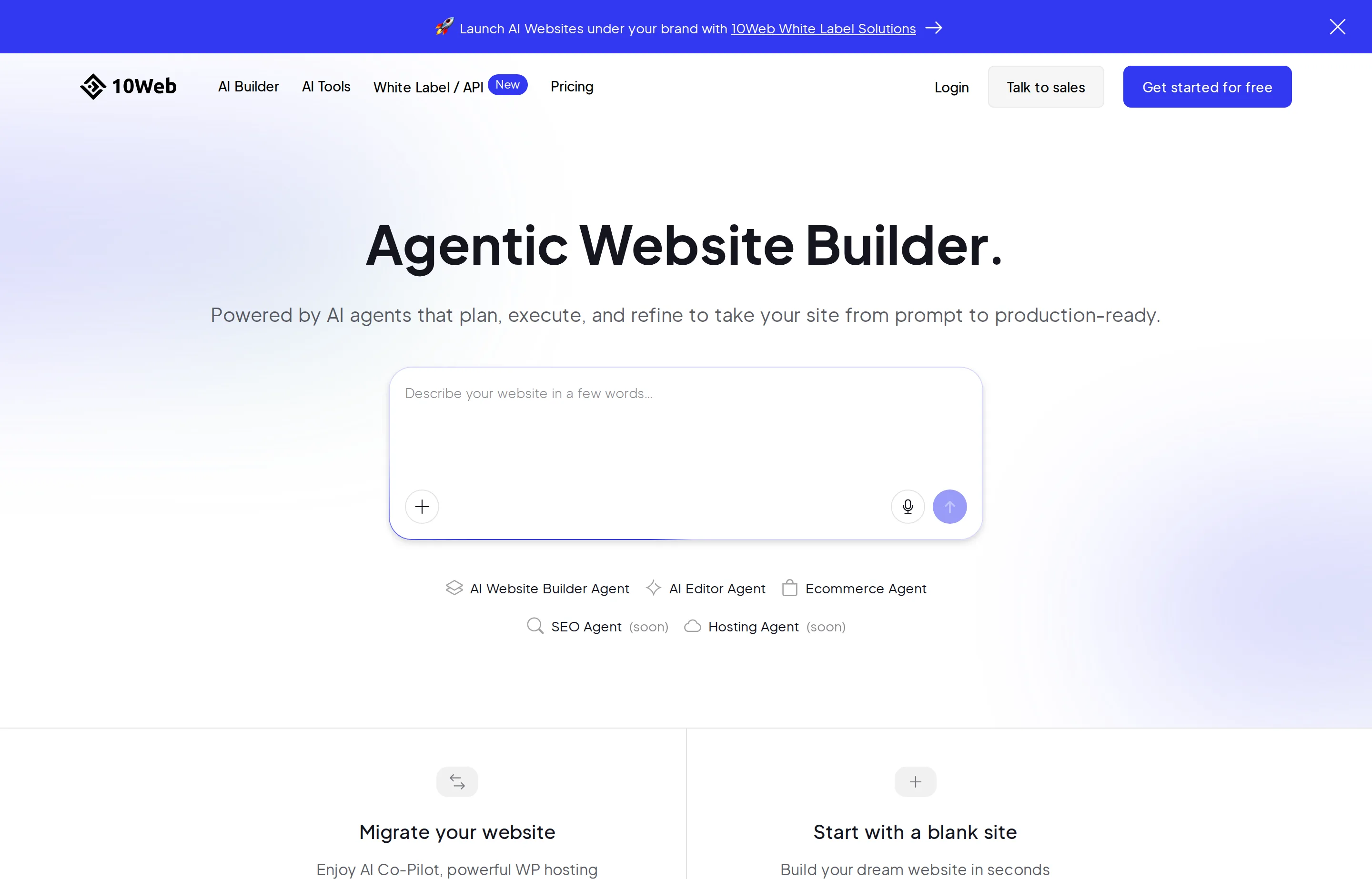 The 10Web website homepage.