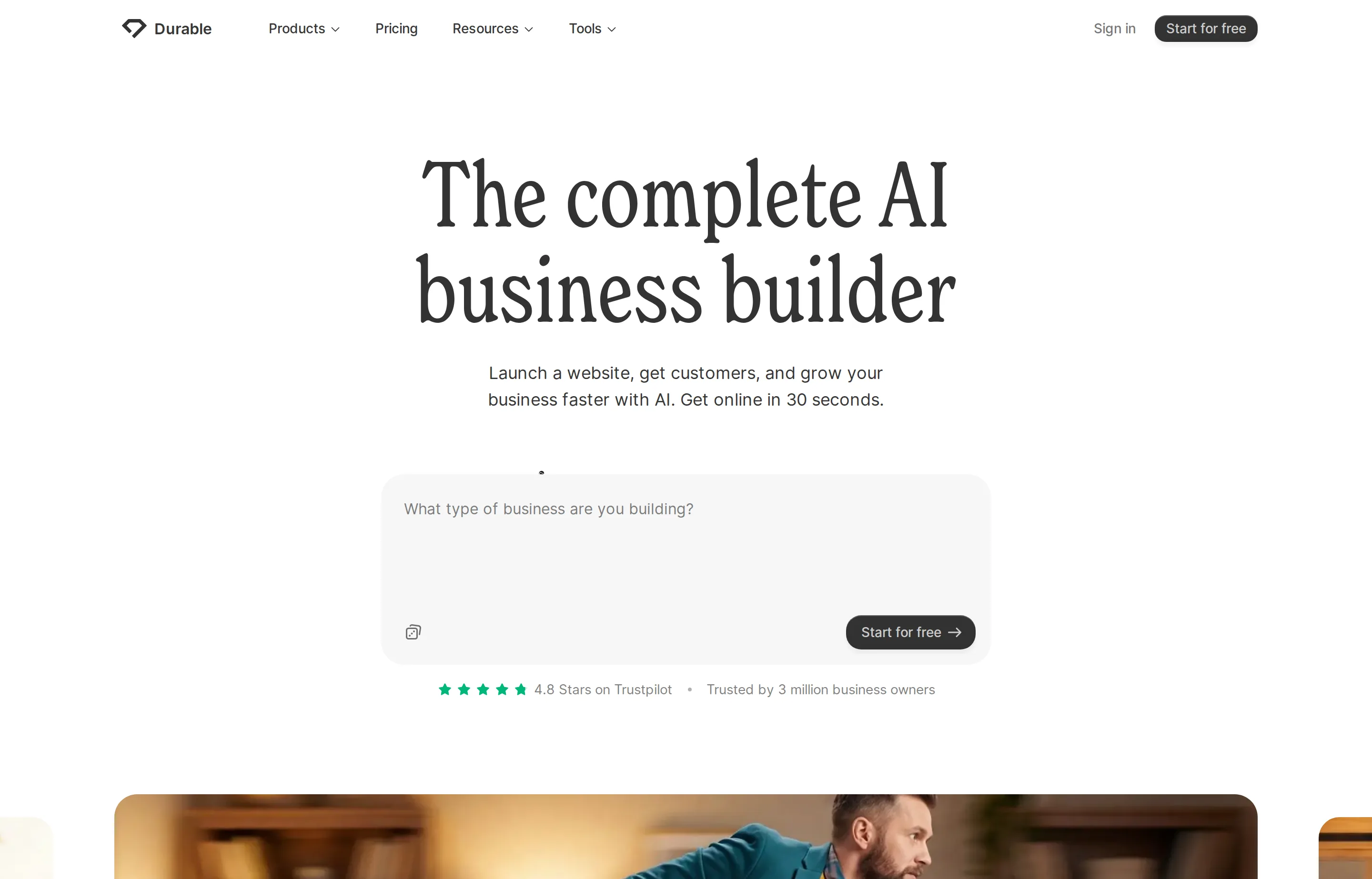 The Durable website homepage.