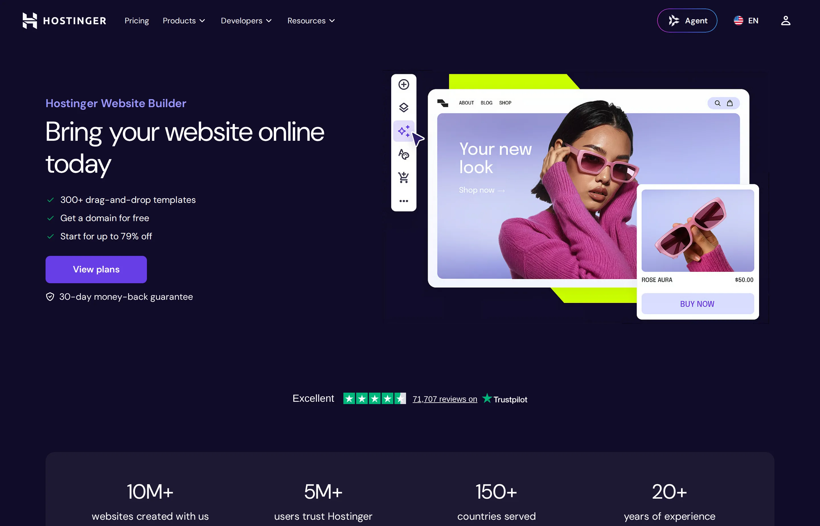 The Hostinger Website Builder homepage.