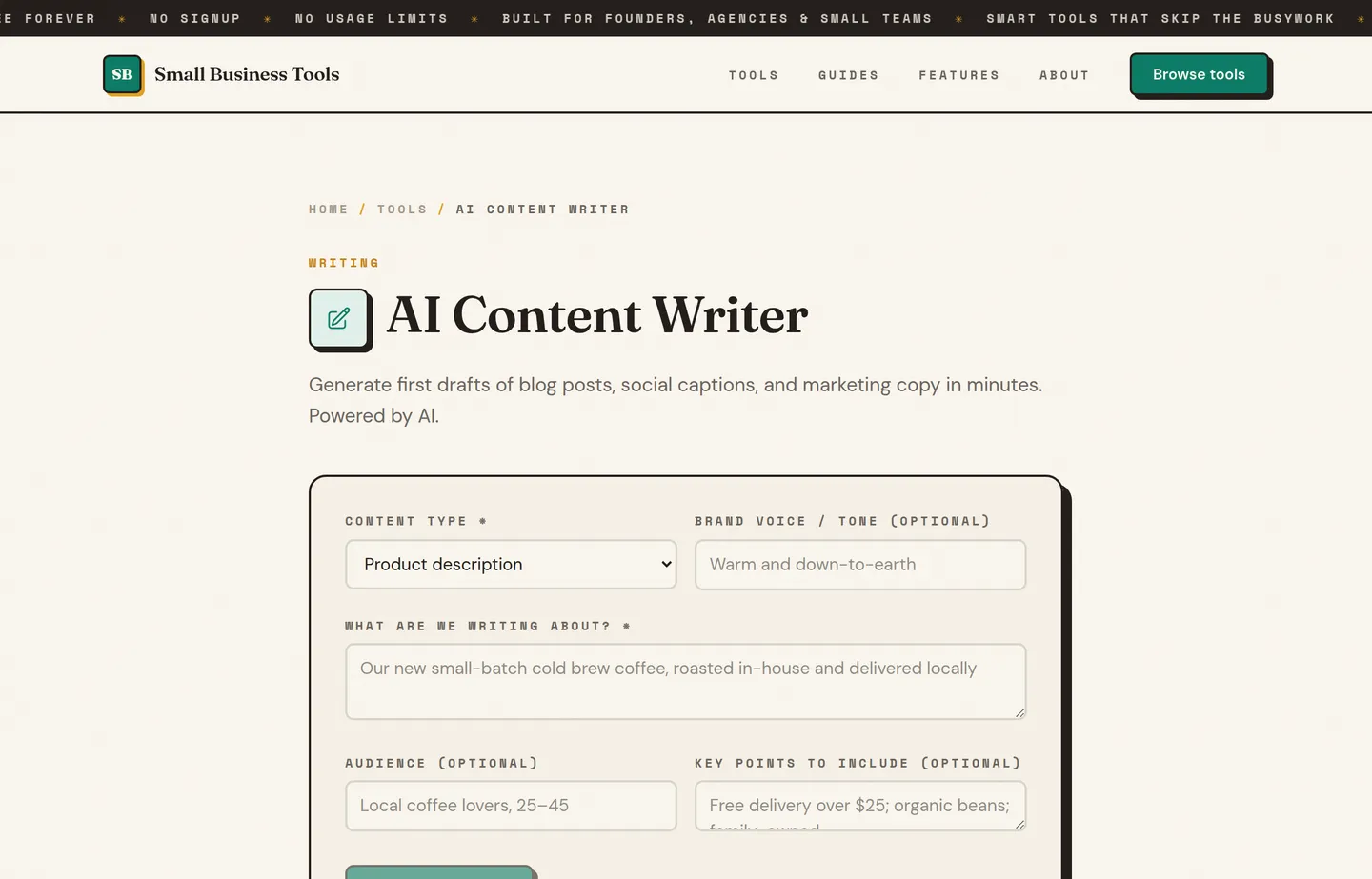 The Small Business Tools AI Content Writer, with a form to enter a topic and options, and space for the generated draft.