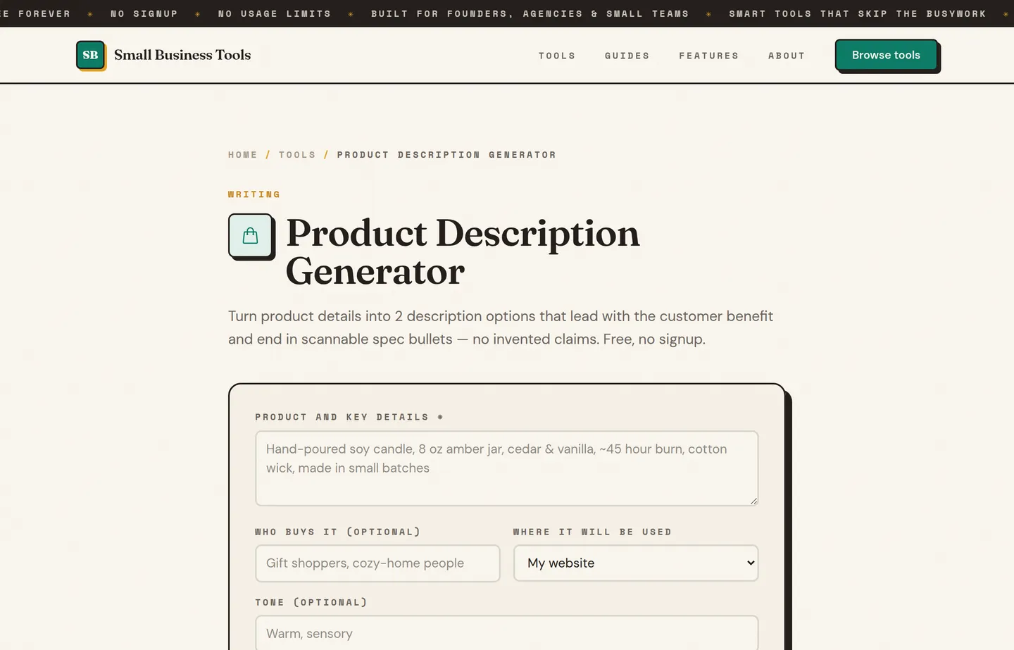 The Small Business Tools Product Description Generator, with fields for product details and generated description output.