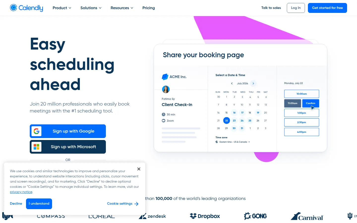 The Calendly website, the best-known scheduling link tool.