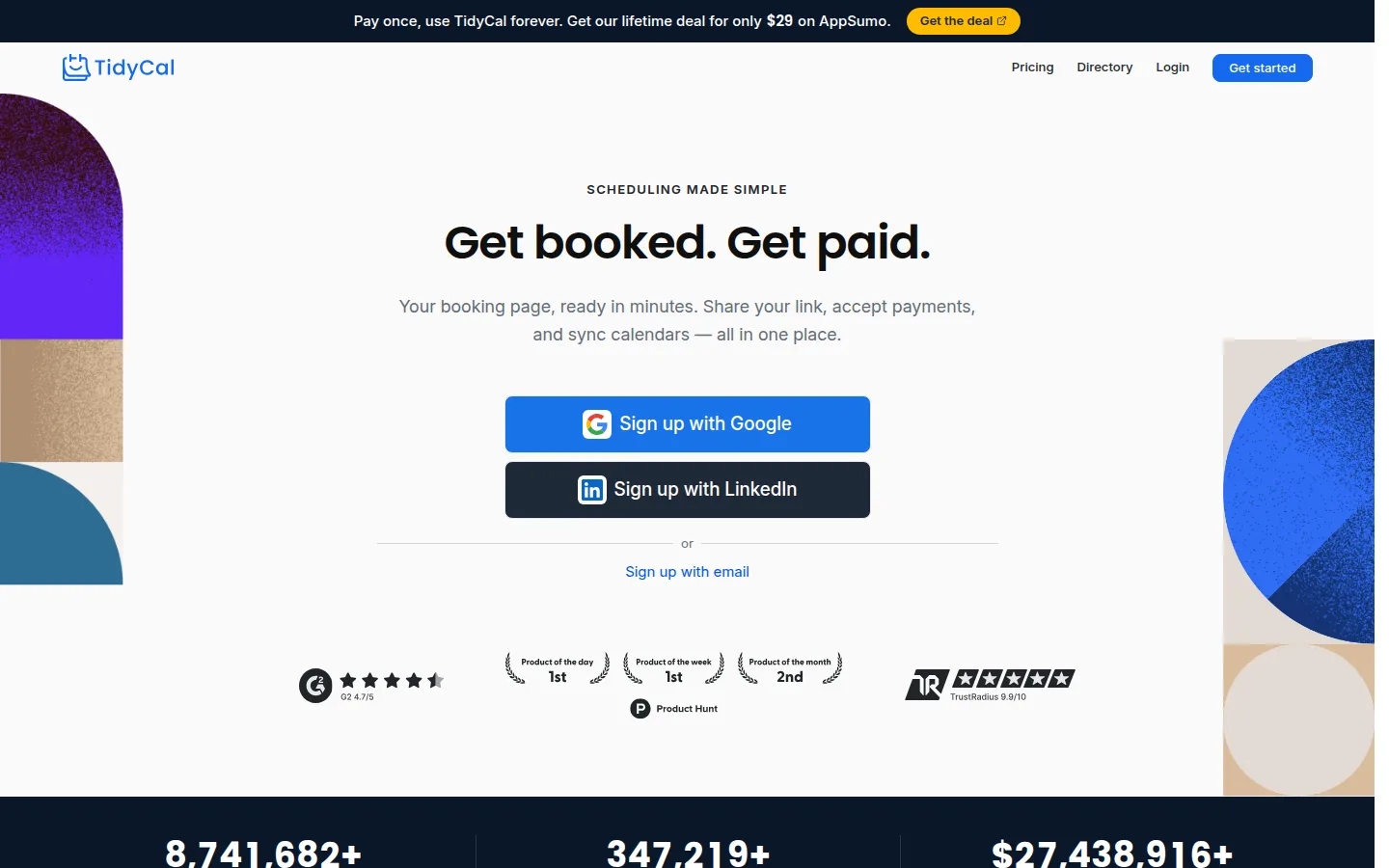 The TidyCal website, a lifetime-deal scheduling tool.