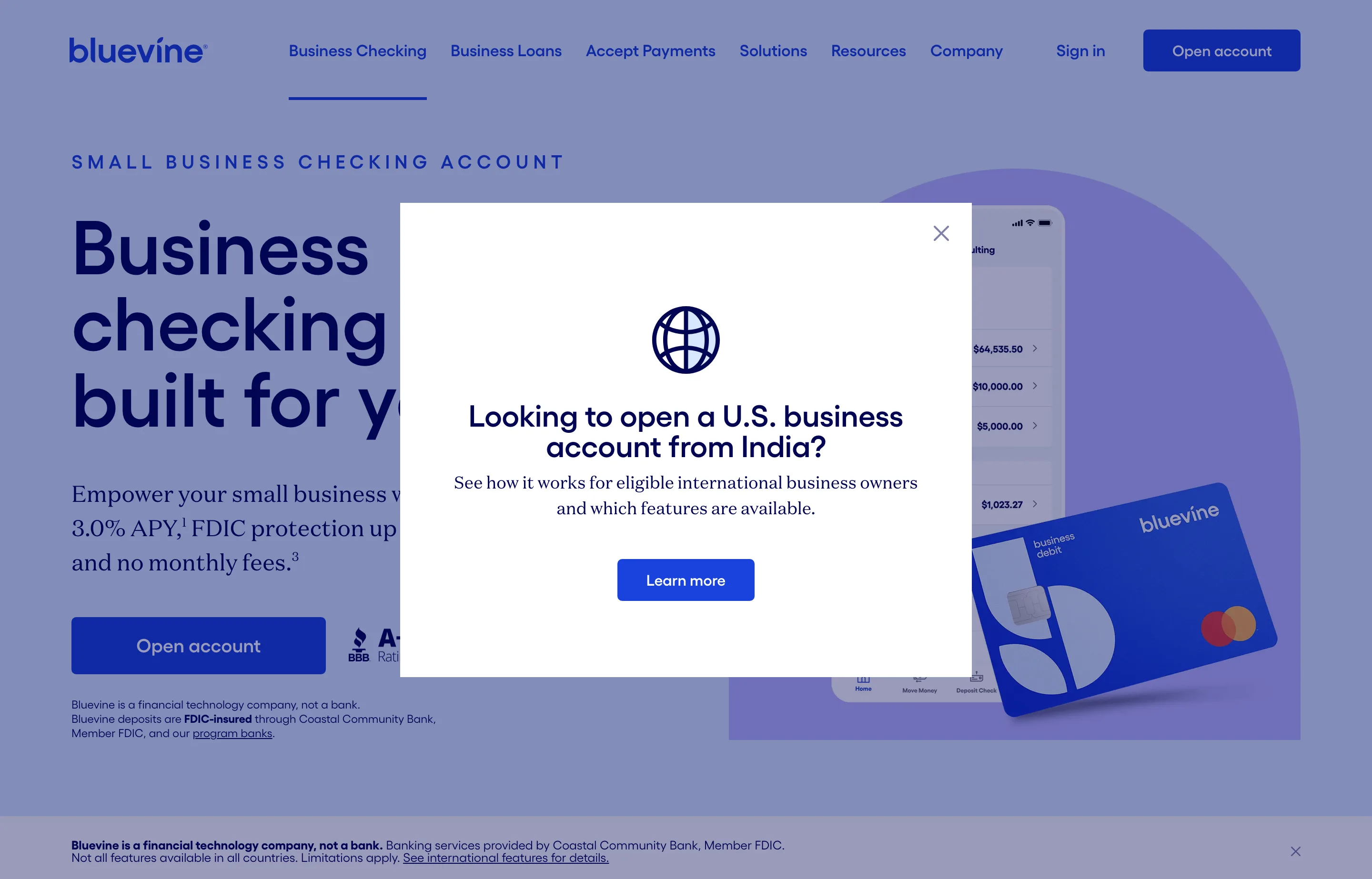 The Bluevine business checking page, free online business checking with a debit card.