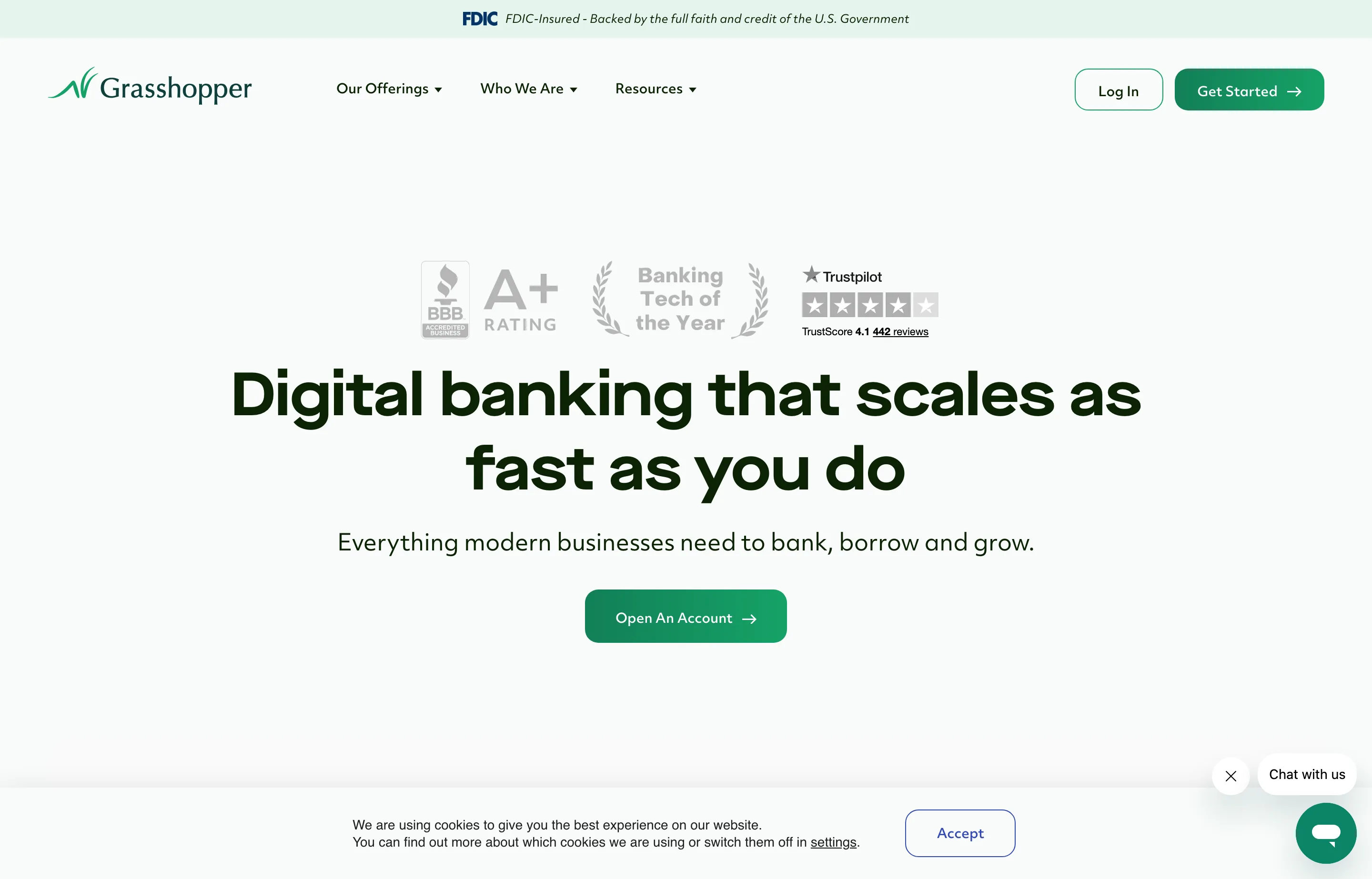 The Grasshopper Bank business checking page, digital banking for startups and small businesses.
