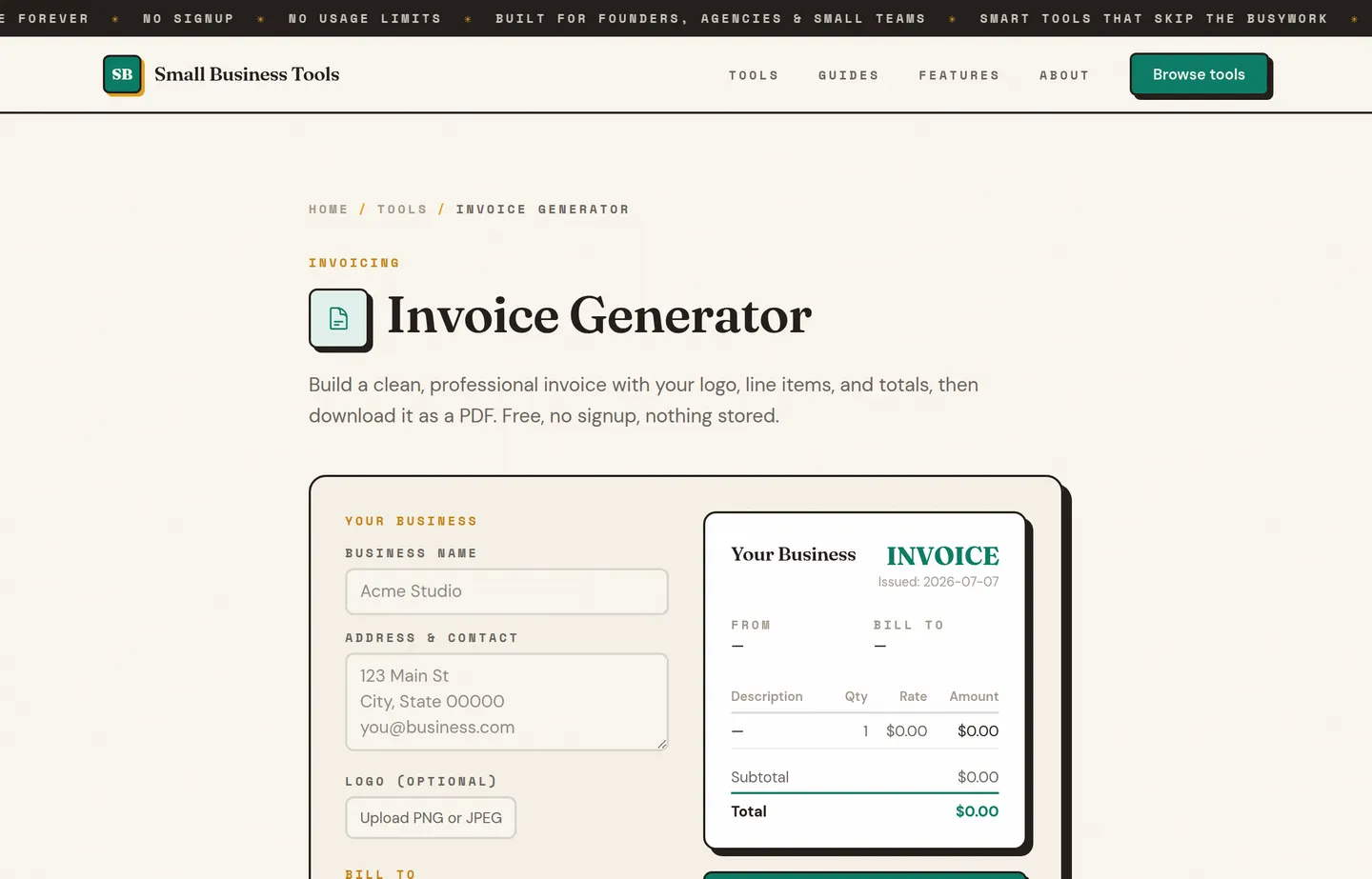 The Small Business Tools Invoice Generator, showing a form for business details and line items beside a live invoice preview.