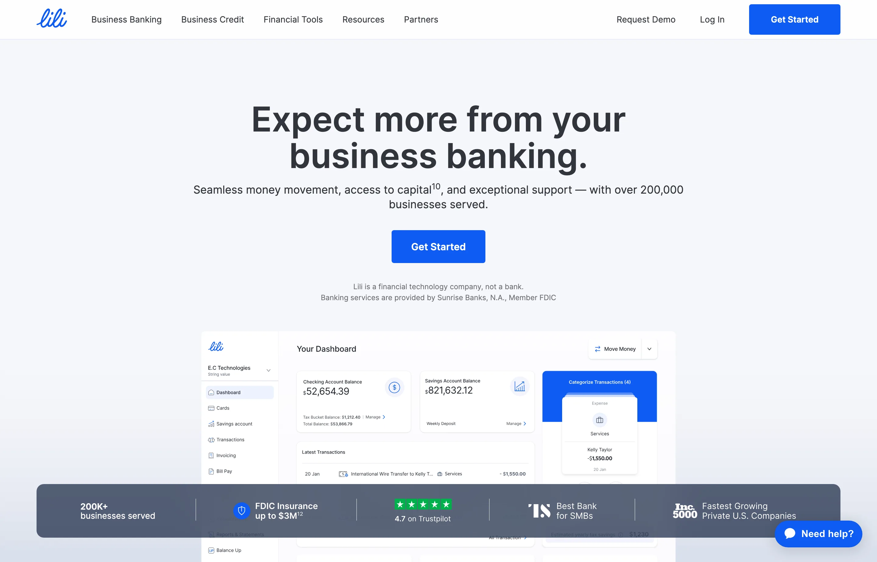 The Lili business banking page, checking and high-yield savings for small businesses.