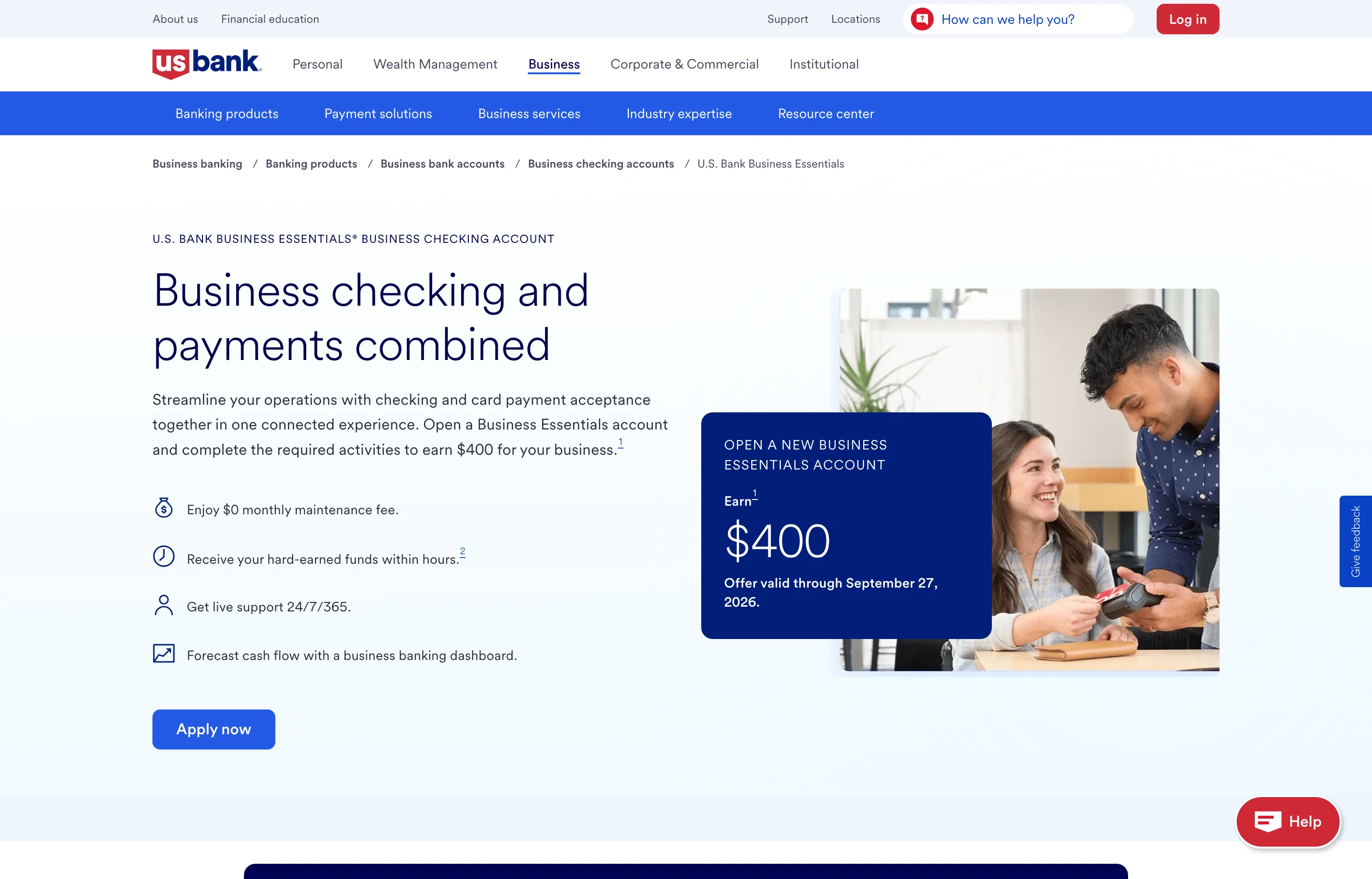 The U.S. Bank business checking page, business essentials checking with no monthly fee.