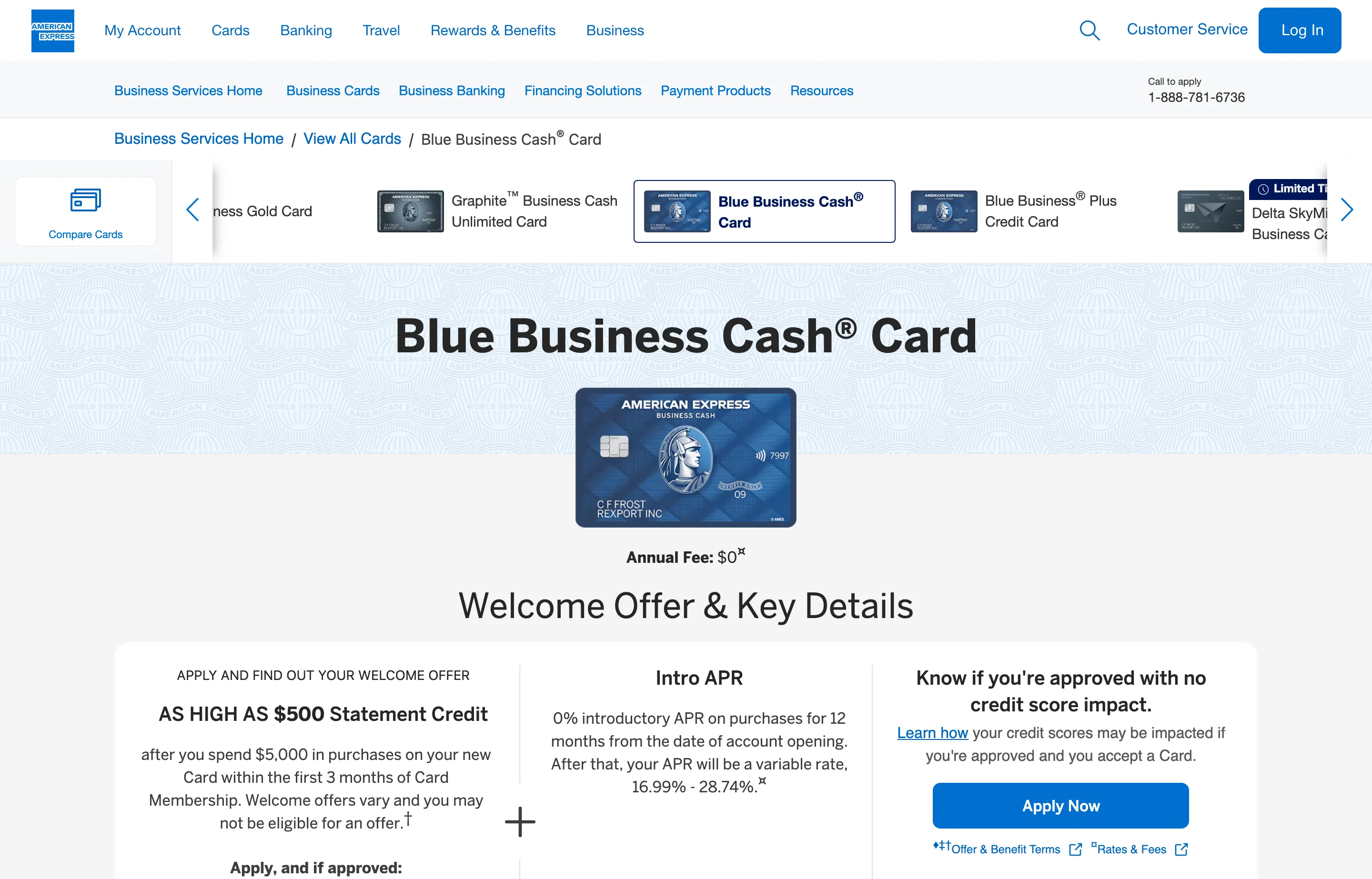 The Amex Blue Business Cash card page, 2% cash back on the first $50,000.