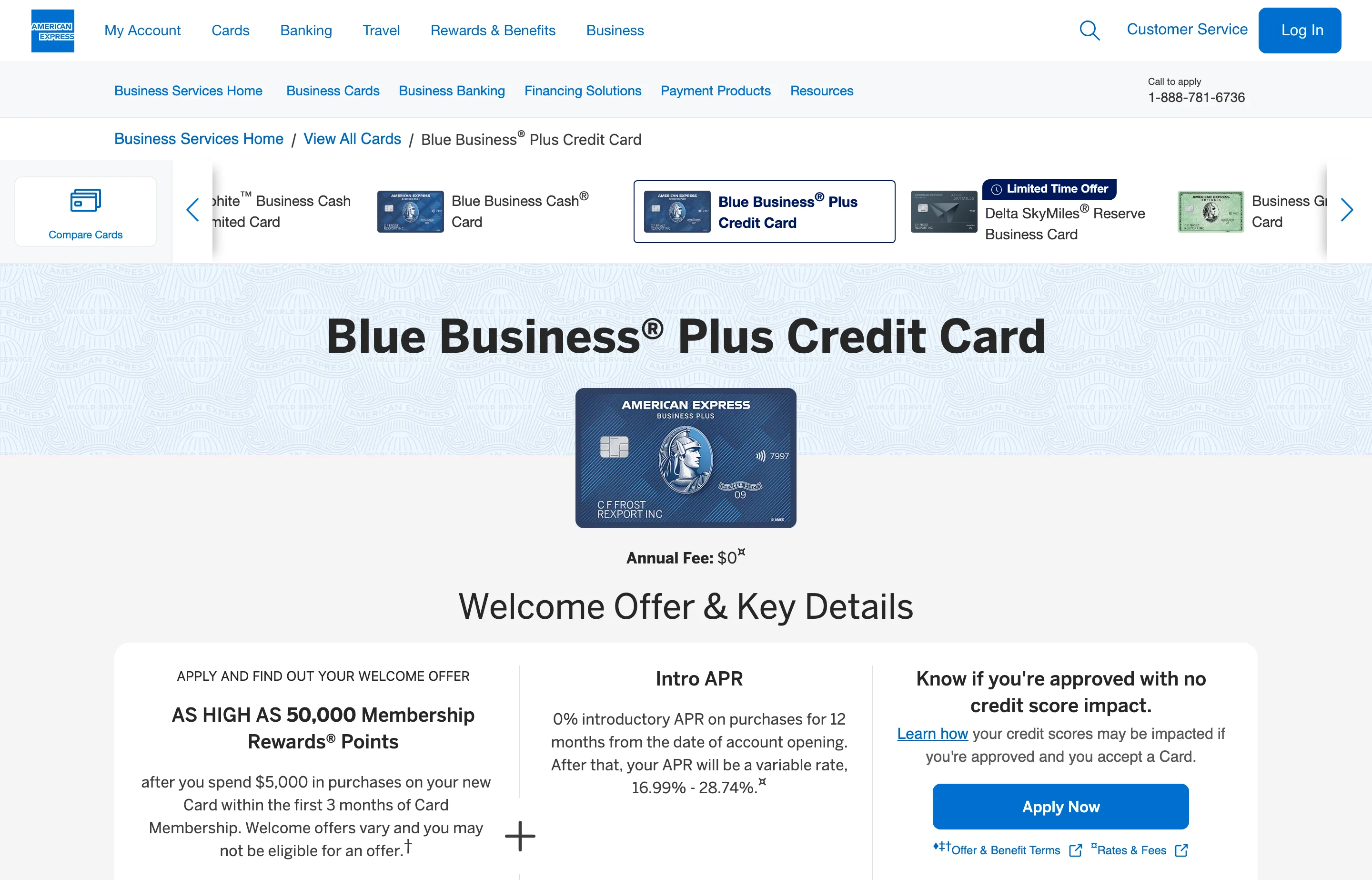 The Amex Blue Business Plus card page, 2X points on the first $50,000.