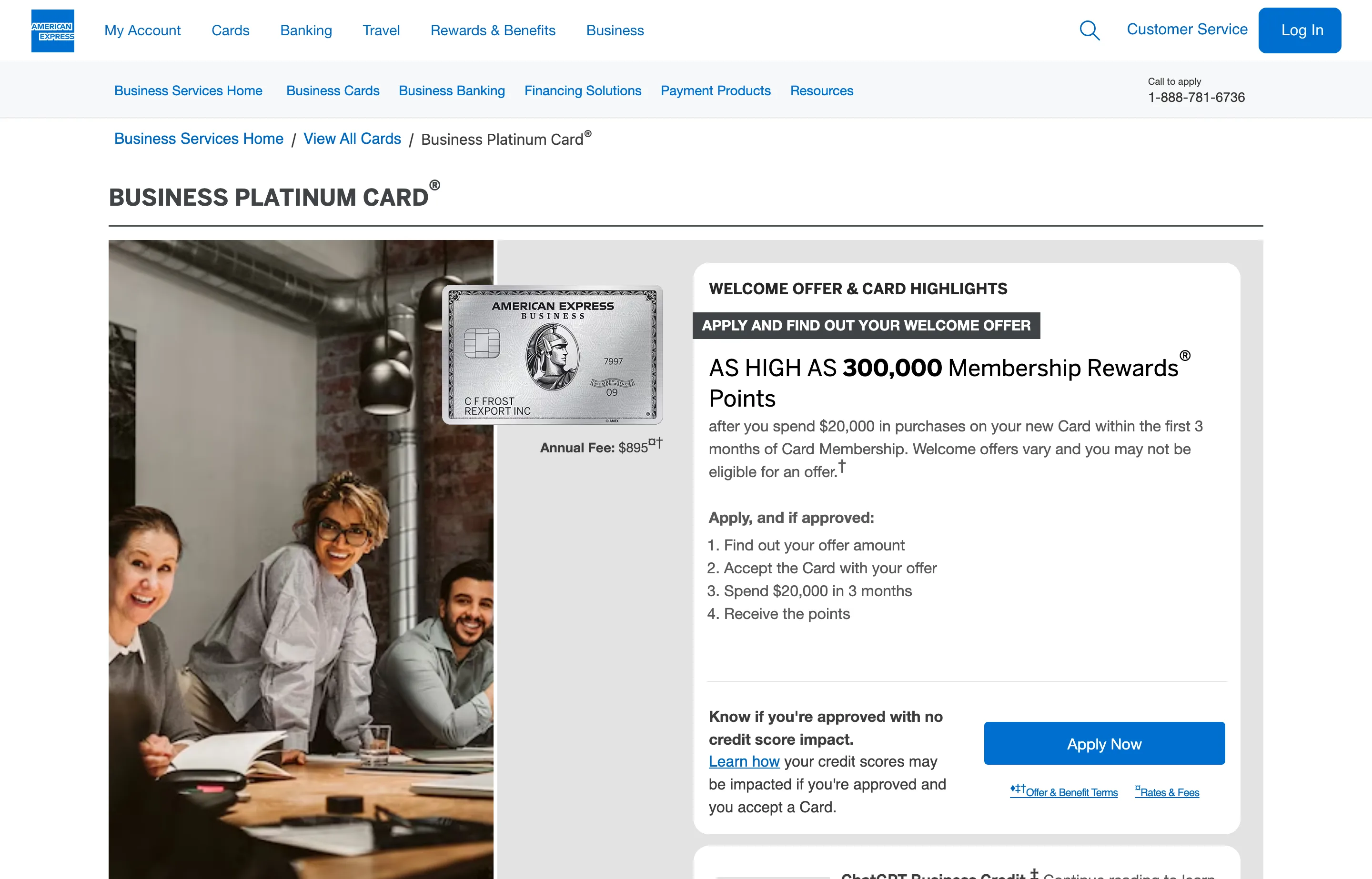 The Amex Business Platinum card page, premium travel benefits and credits.
