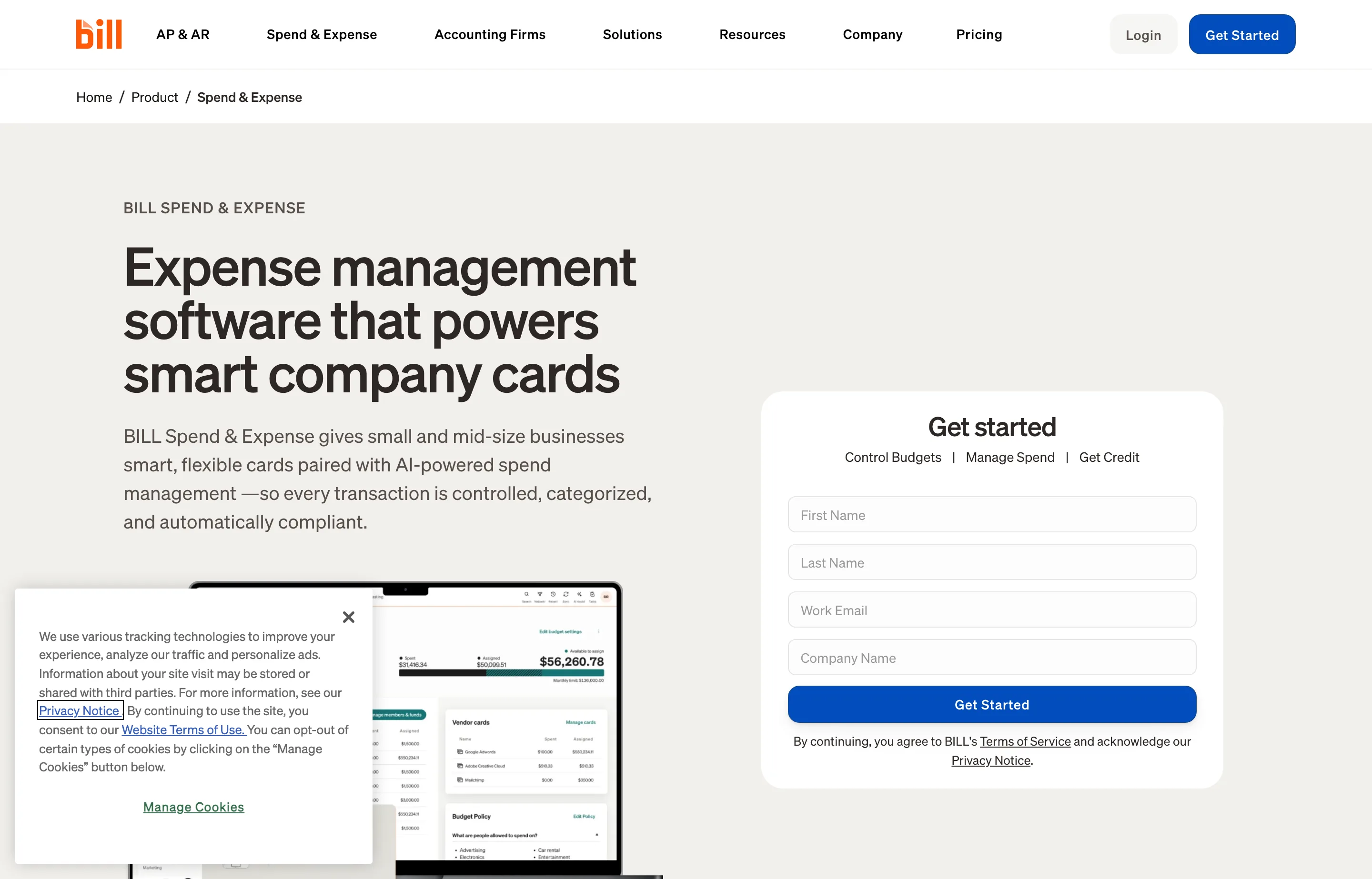 The BILL Spend & Expense page, smart company cards with spend management.