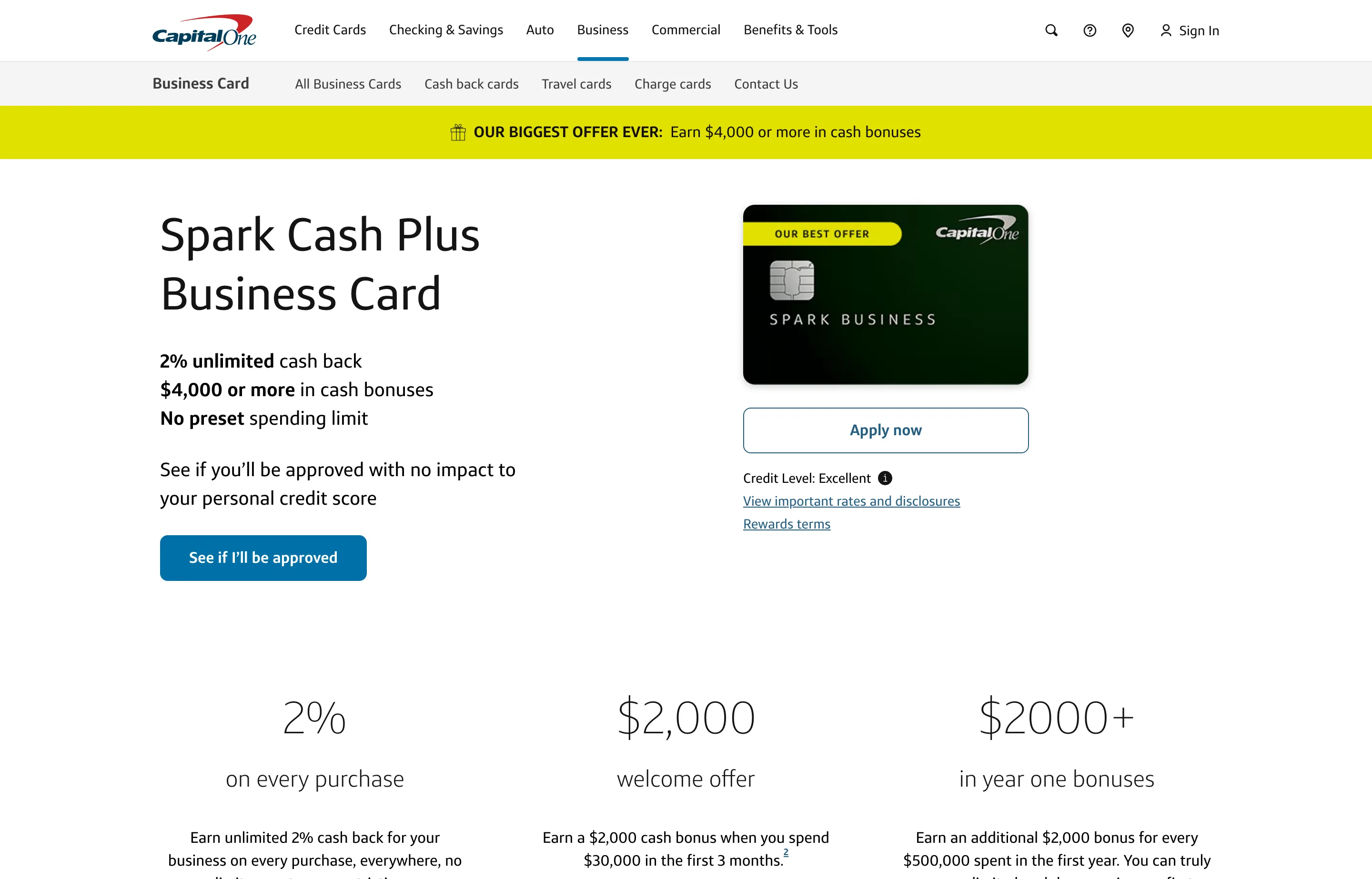The Capital One Spark Cash Plus page, 2% unlimited cash back charge card.