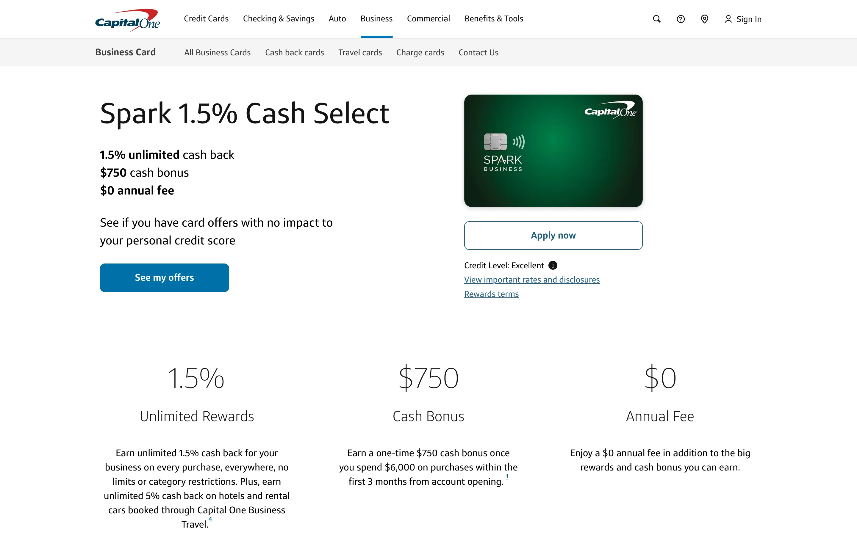 The Capital One Spark Cash Select page, 1.5% cash back with a 0% intro APR.