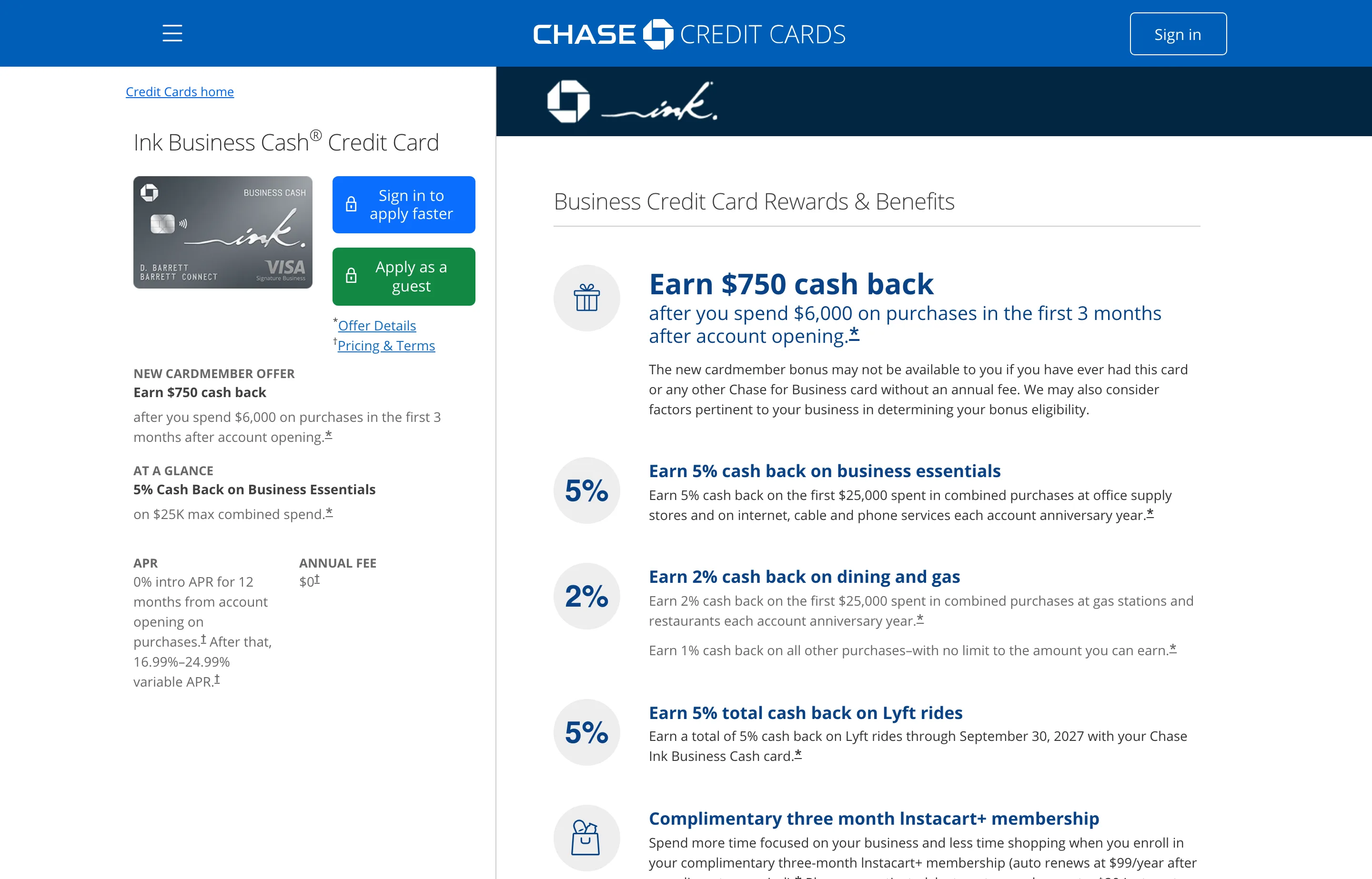 The Chase Ink Business Cash card page, cash back on business essentials.