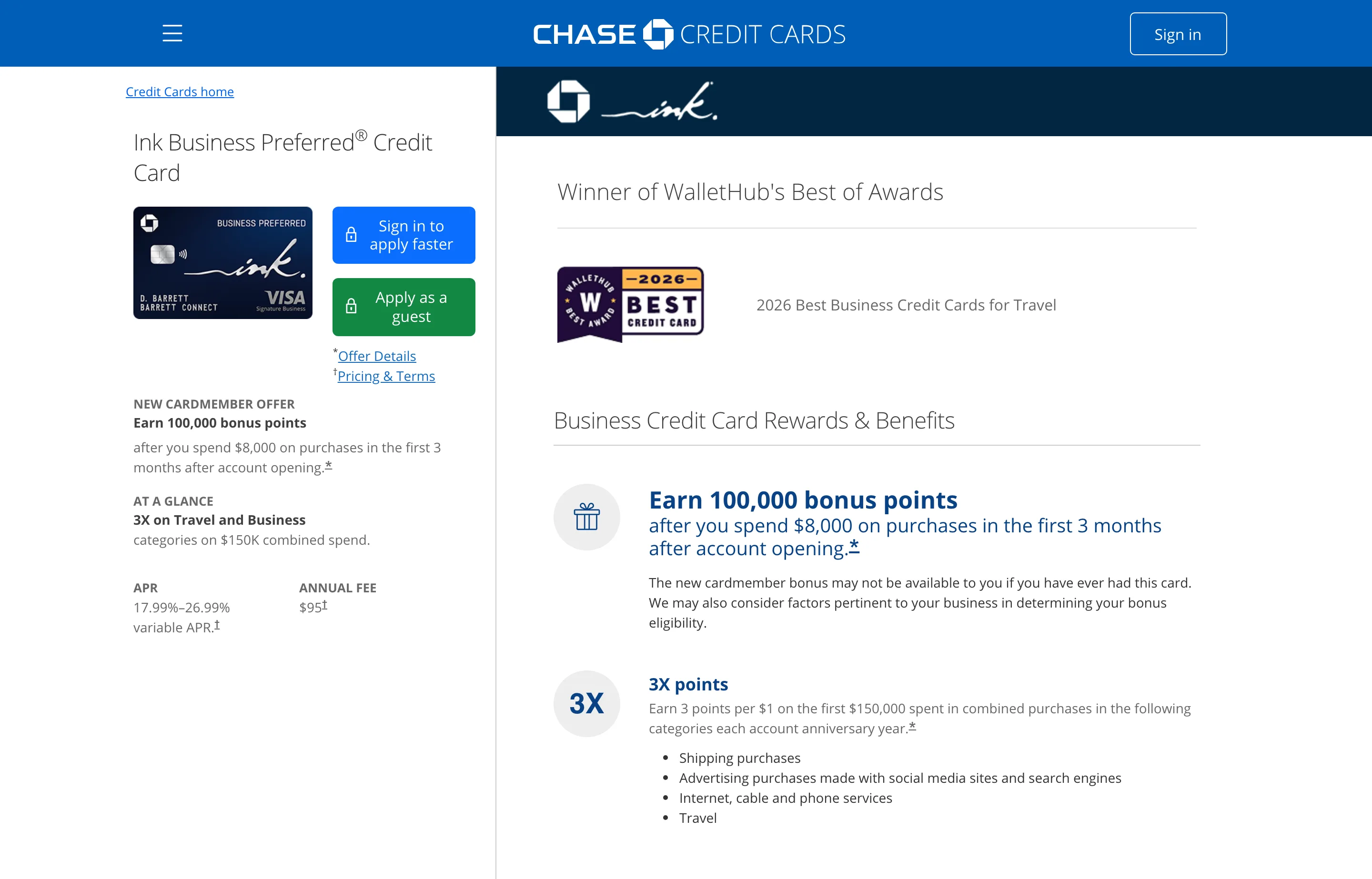 The Chase Ink Business Preferred page, 3X points on travel and business categories.
