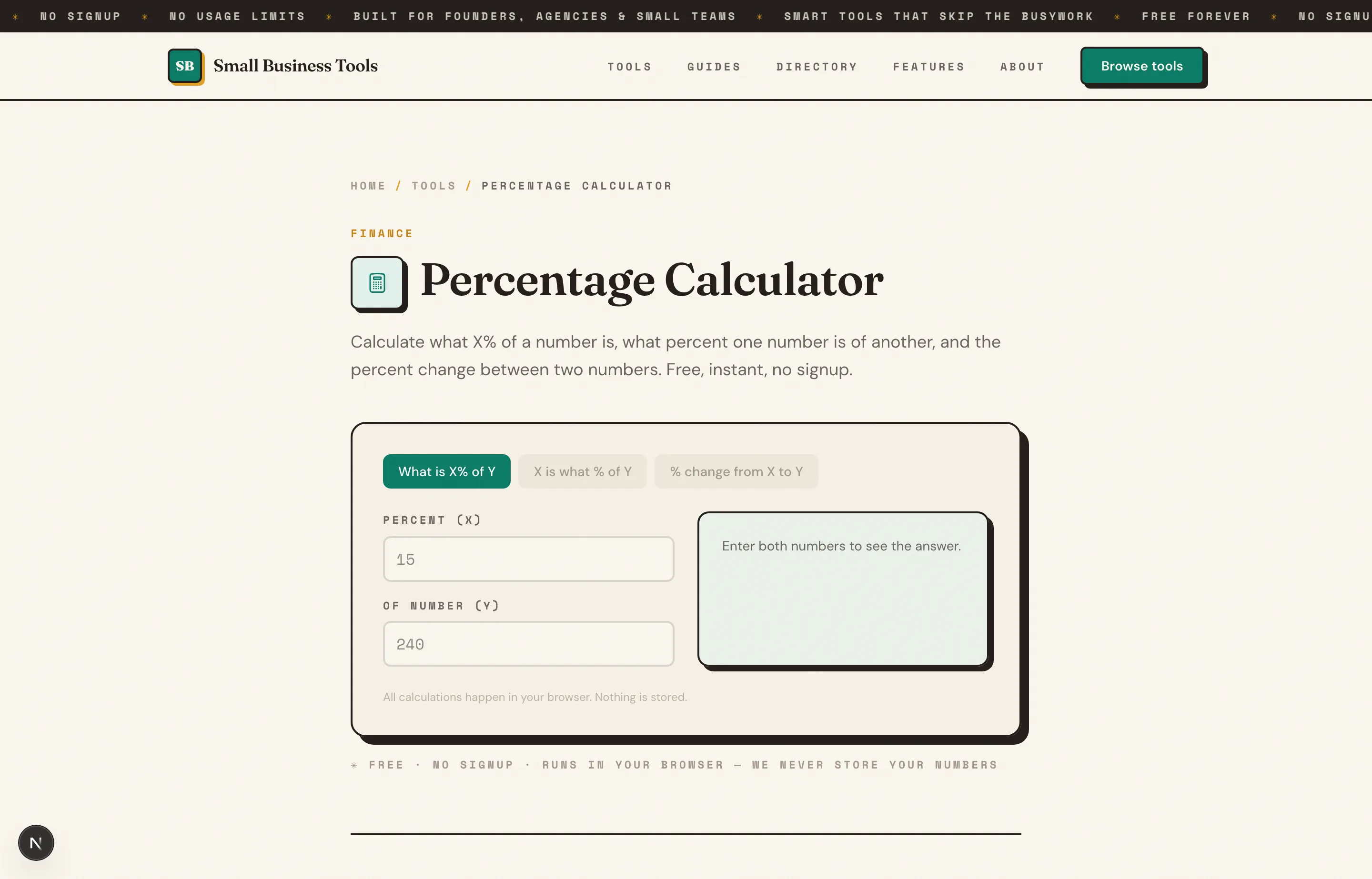 The Small Business Tools Percentage Calculator, showing a simple percentage calculation.