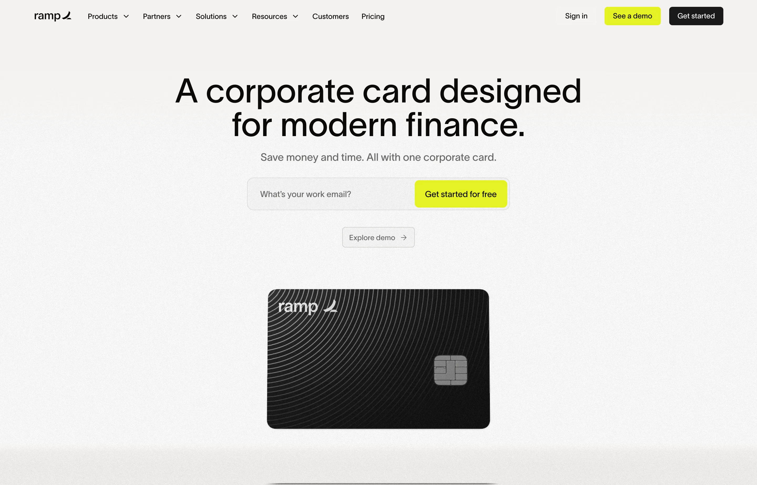 The Ramp corporate card page, spend controls and cashback.