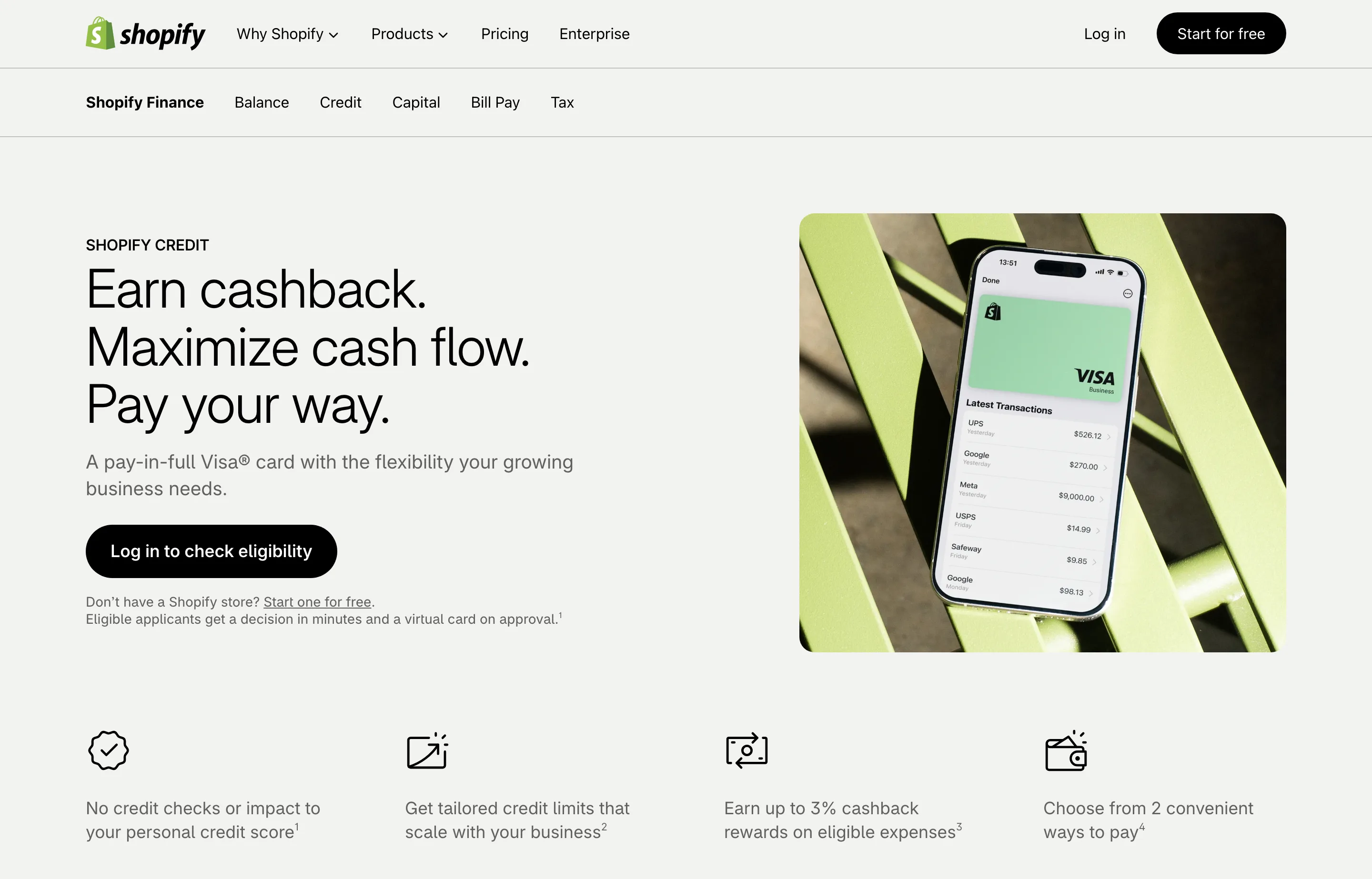 The Shopify Credit page, cashback for Shopify merchants.