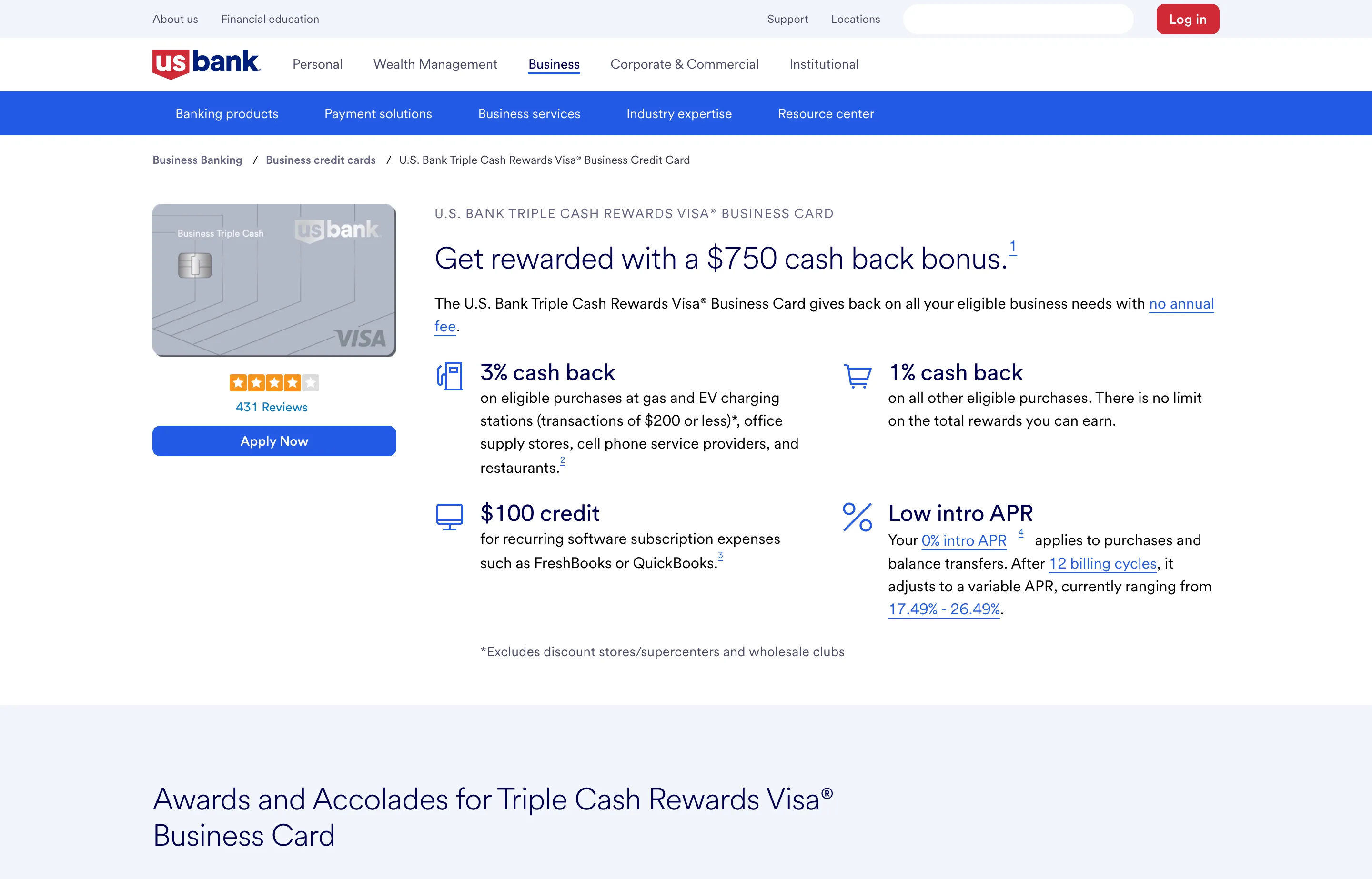 The U.S. Bank Triple Cash Rewards business card page, 3% back on key categories.
