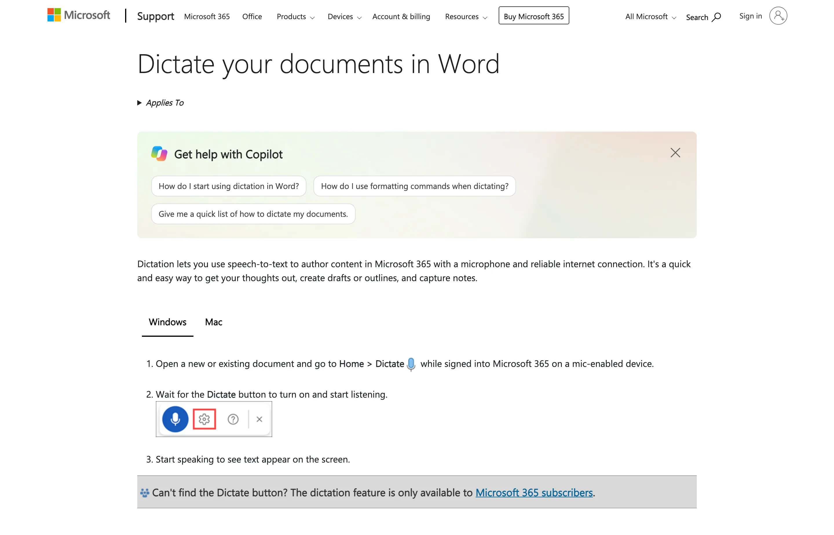 Microsoft's documentation for dictating documents in Word.