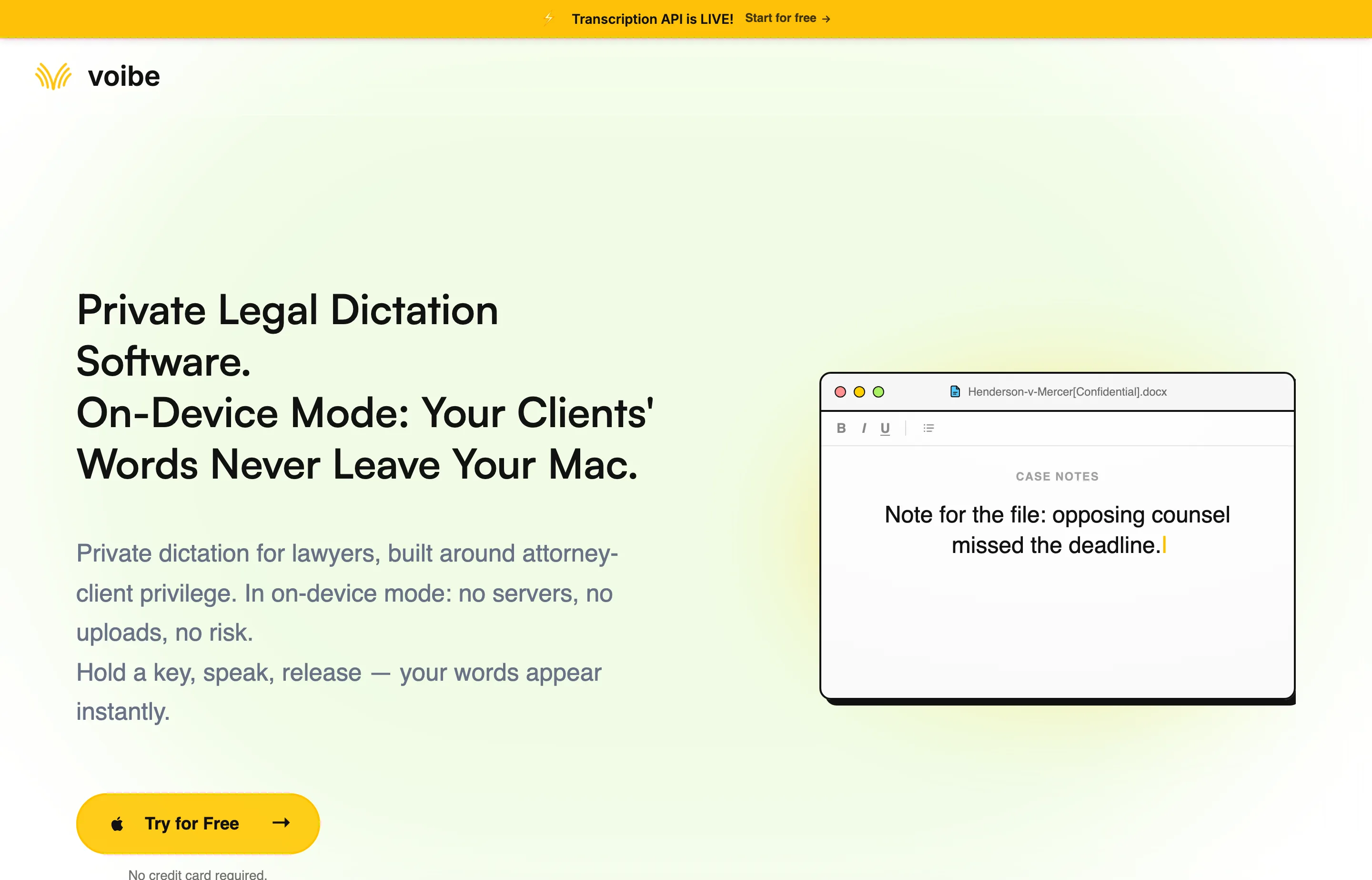 Voibe's legal dictation page showing its private drafting workflow.