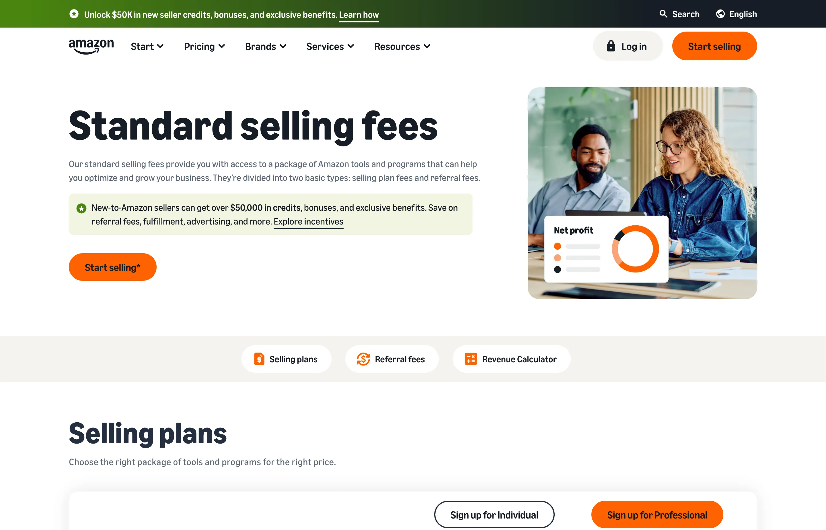 The Amazon standard selling fees page showing the Individual and Professional selling plans and referral fees.