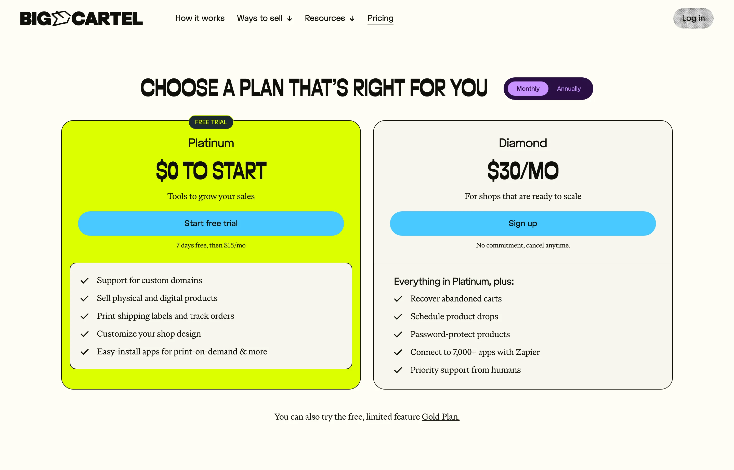 The Big Cartel pricing page showing the Platinum and Diamond plans and the free Gold plan.