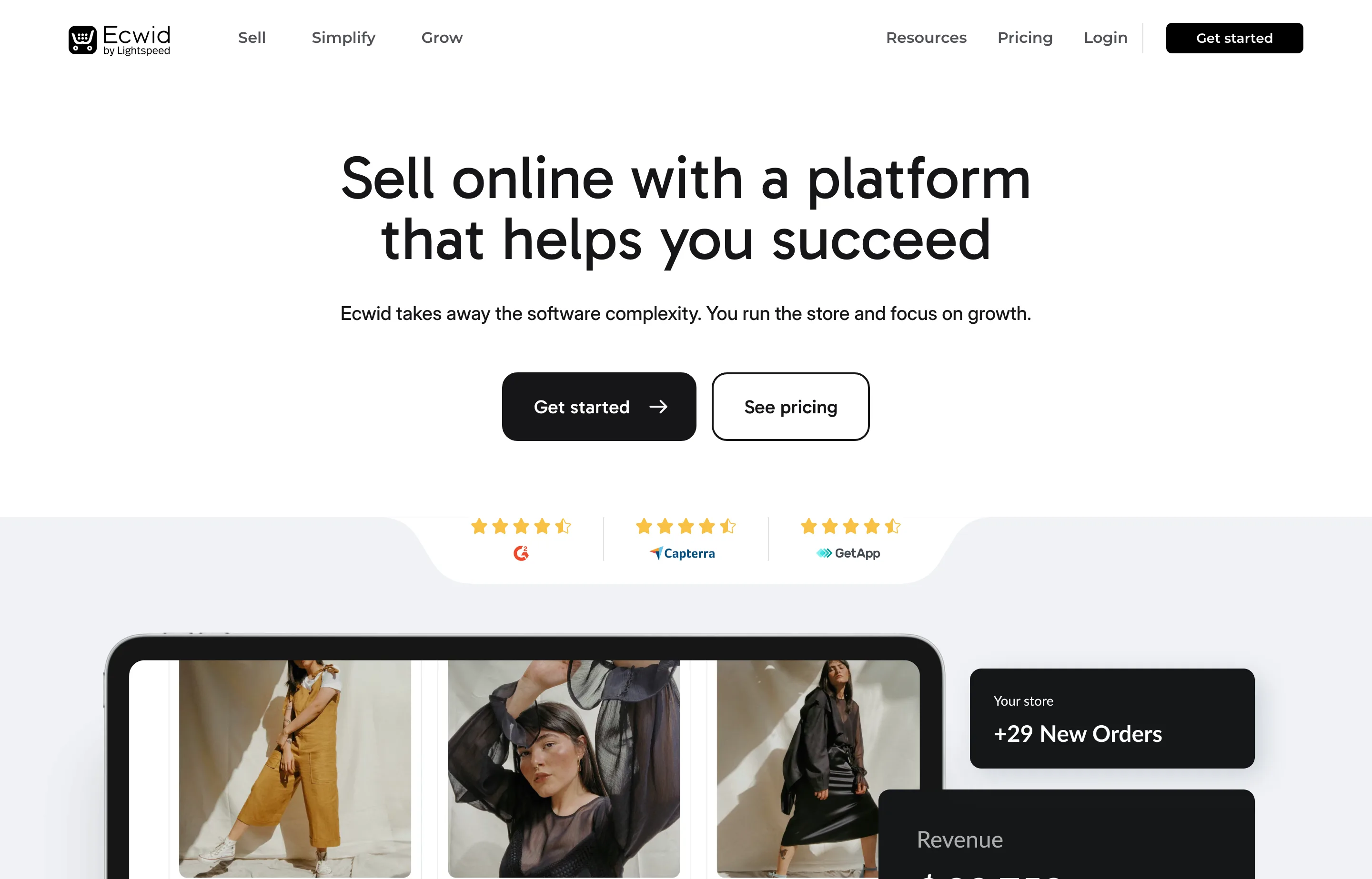 The Ecwid pricing page showing Starter, Venture, Business and Unlimited plans.