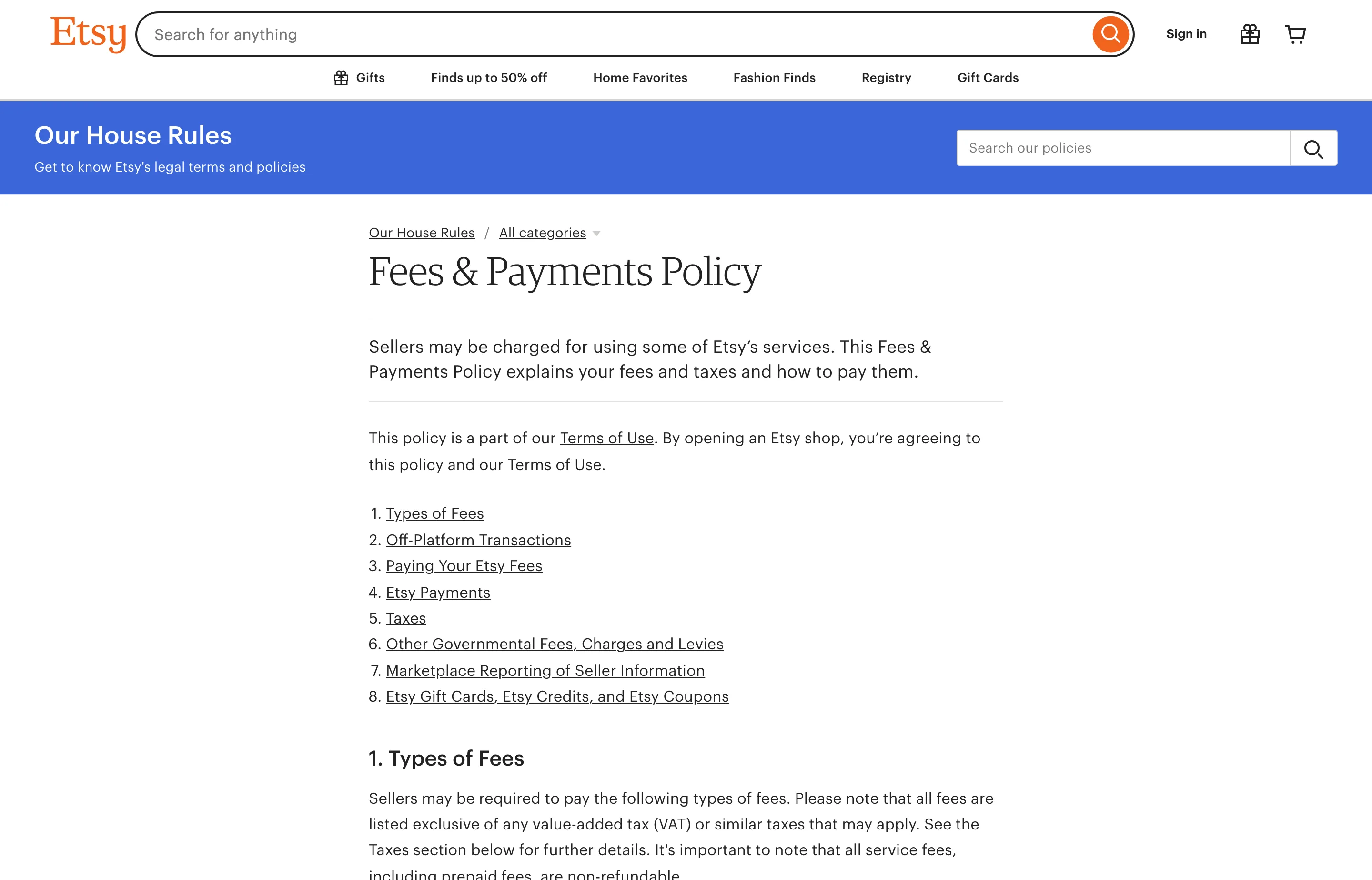 The Etsy fees help page showing the 6.5% transaction fee and per-country payment processing fees.