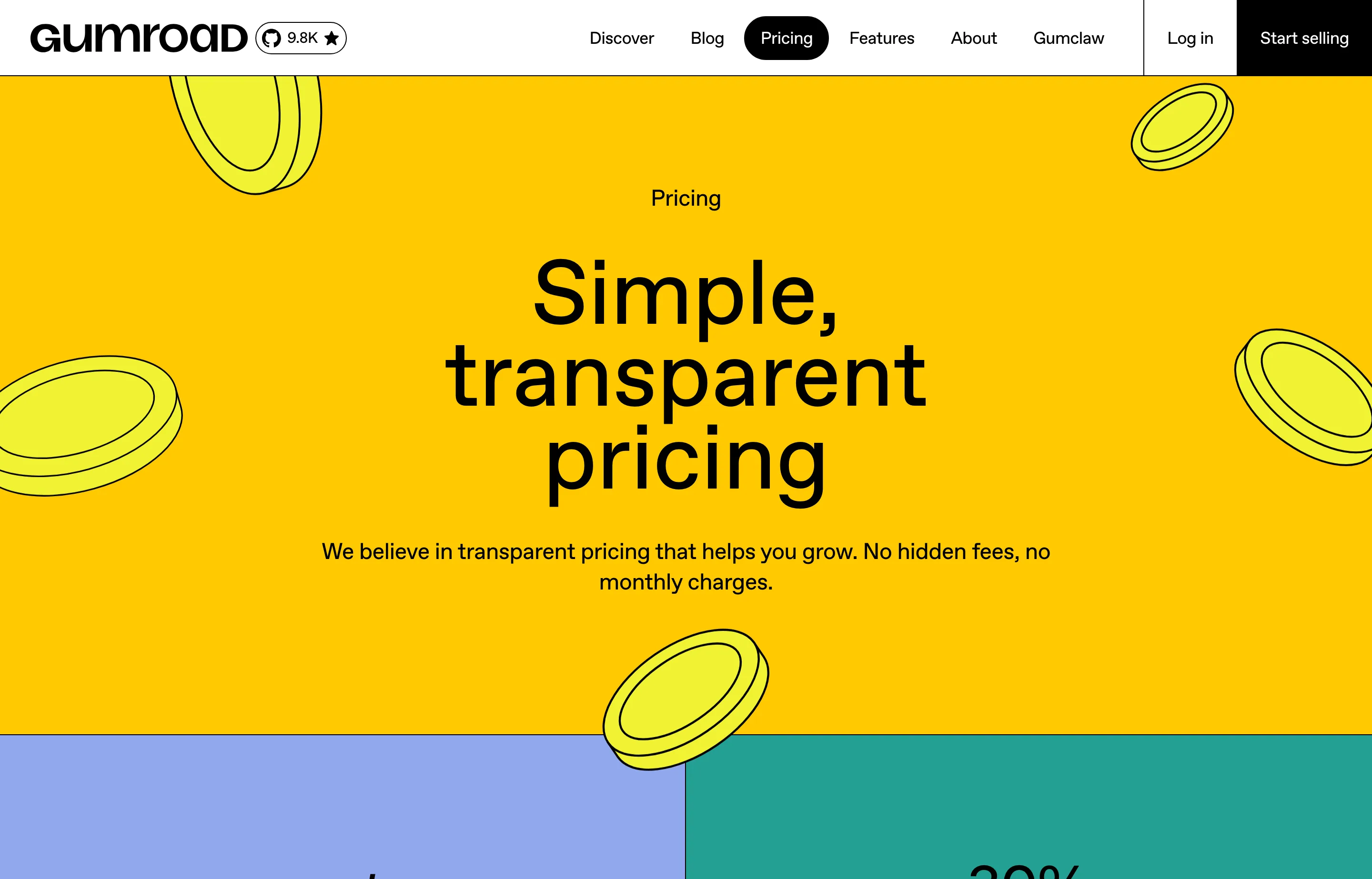 The Gumroad pricing page showing 10% + $0.50 per transaction and merchant-of-record tax handling.