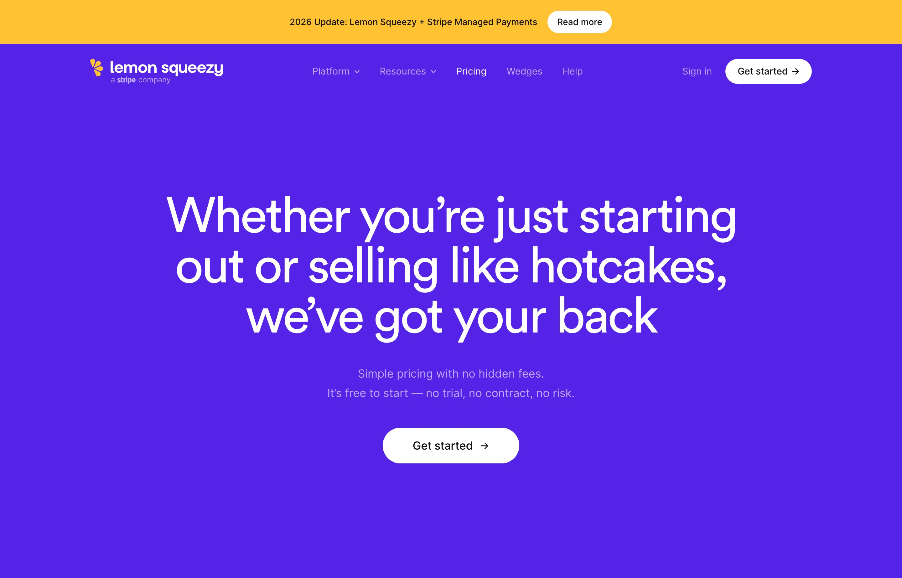 The Lemon Squeezy pricing page showing $0/month and 5% + 50¢ per transaction.