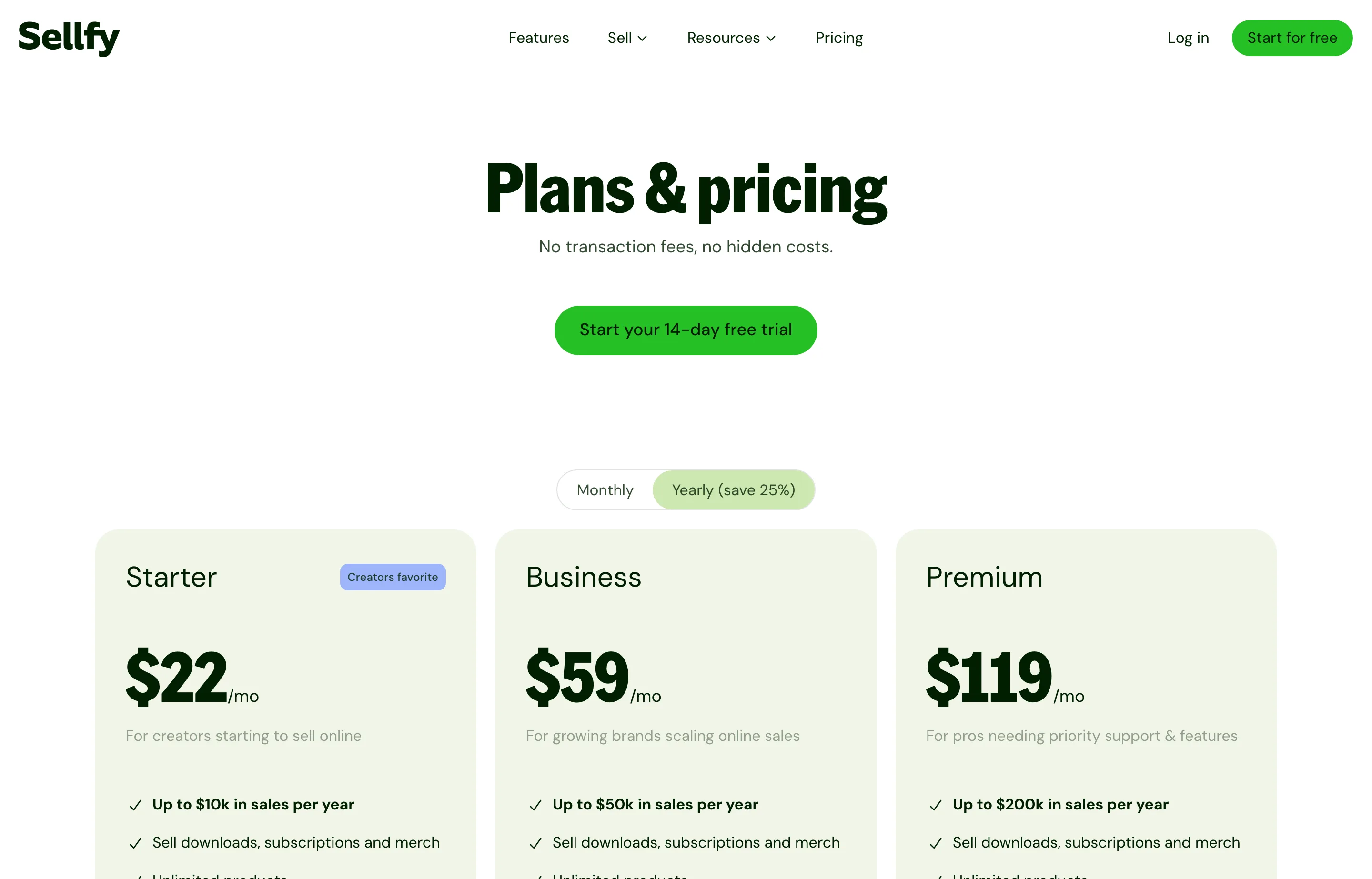The Sellfy pricing page showing the Starter, Business and Premium plans.