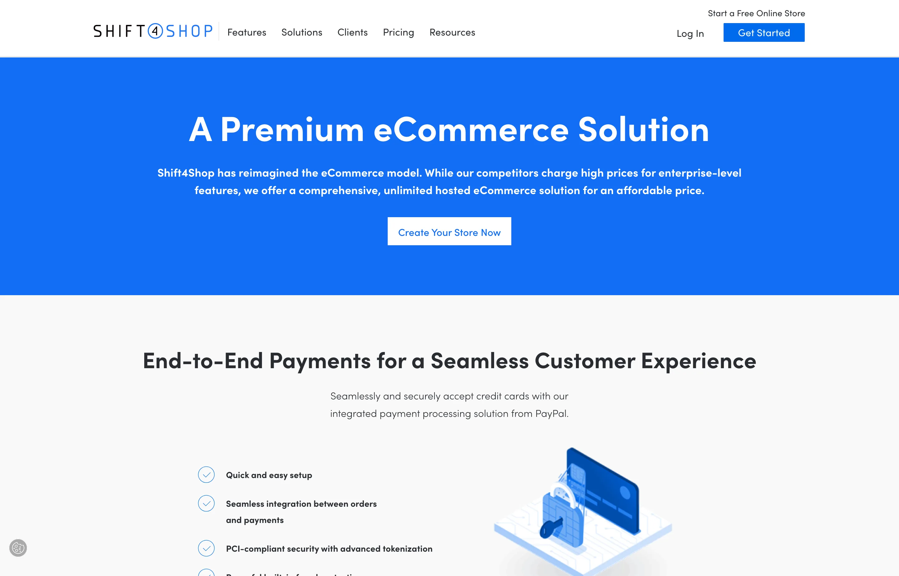 The Shift4Shop pricing page describing the unlimited End-to-End eCommerce plan.