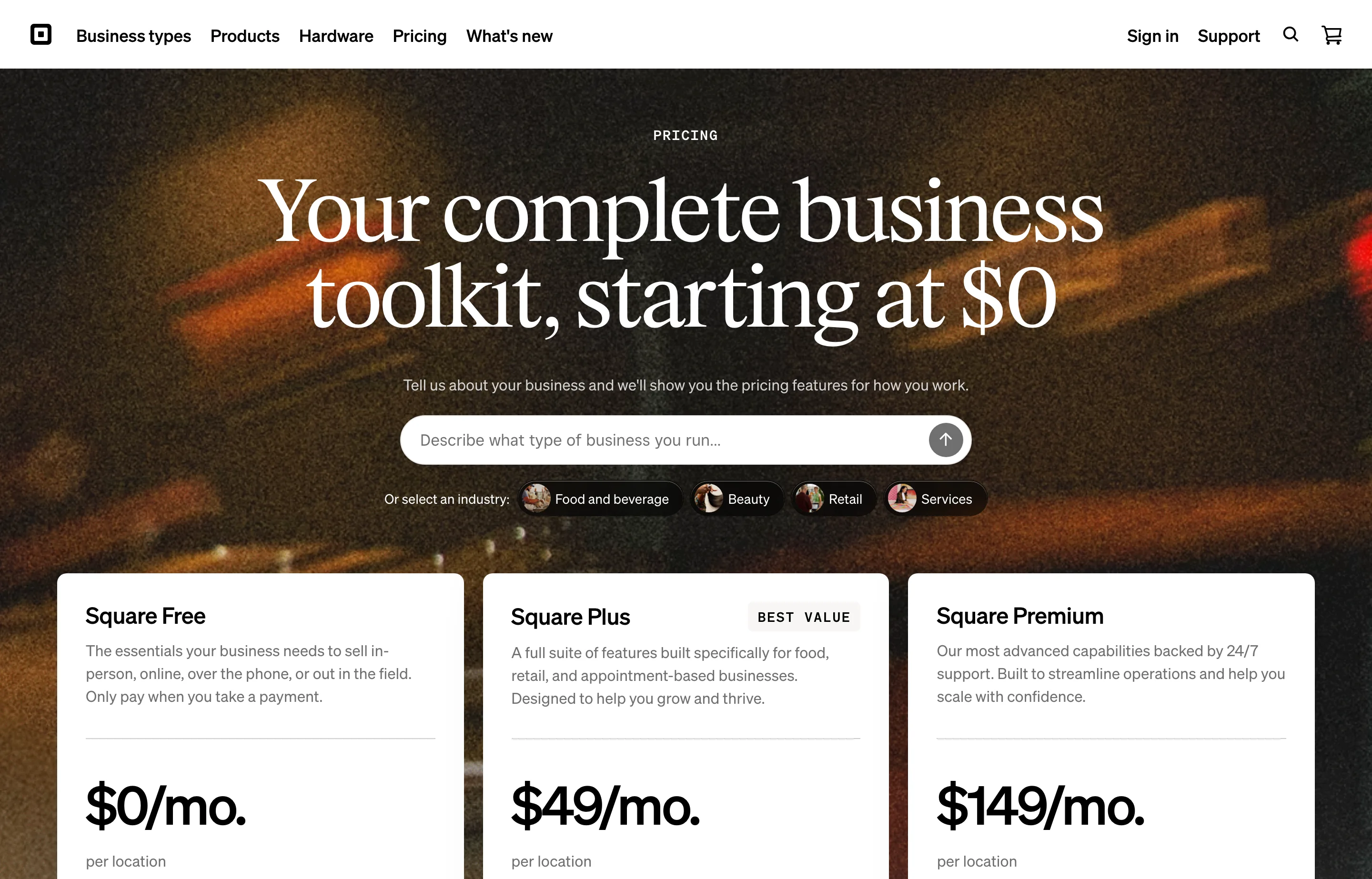 The Square pricing page showing Square Free, Plus and Premium plans and their processing fees.