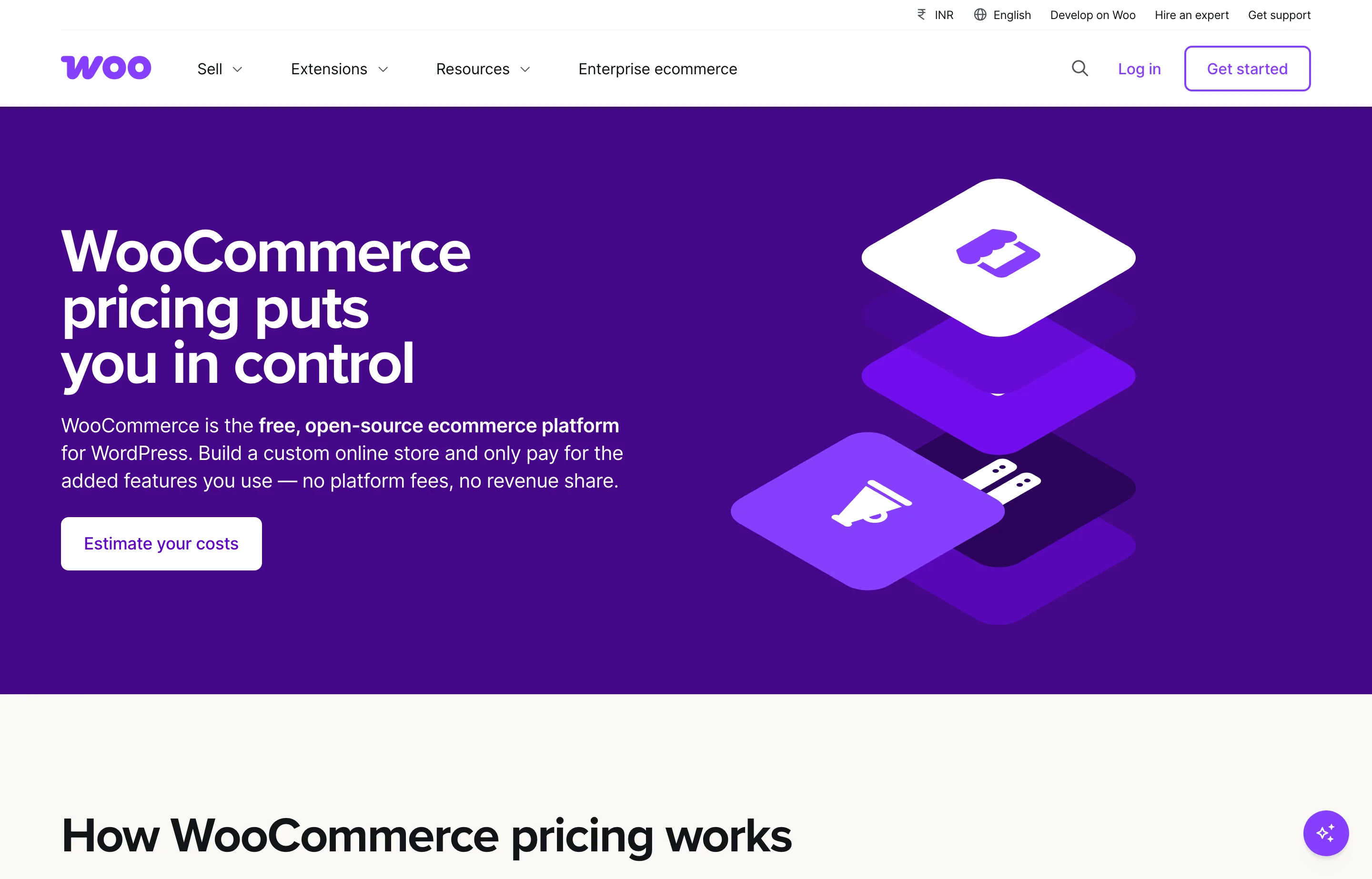 The WooCommerce pricing page explaining the free core platform, hosting, and à-la-carte extensions.