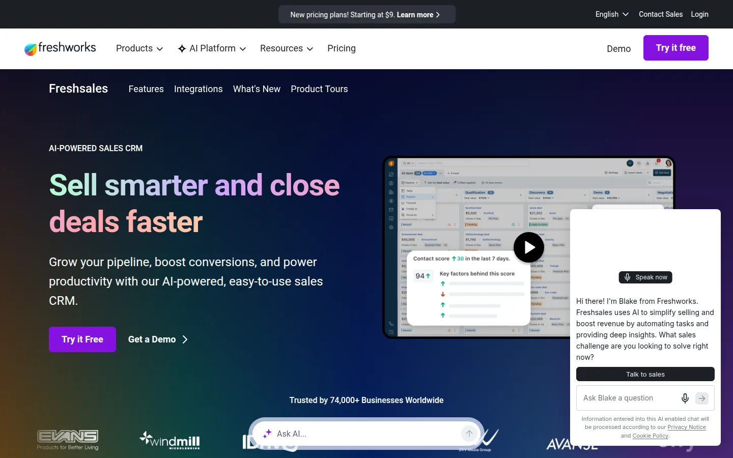 The Freshworks CRM website, home of the Freshsales CRM.