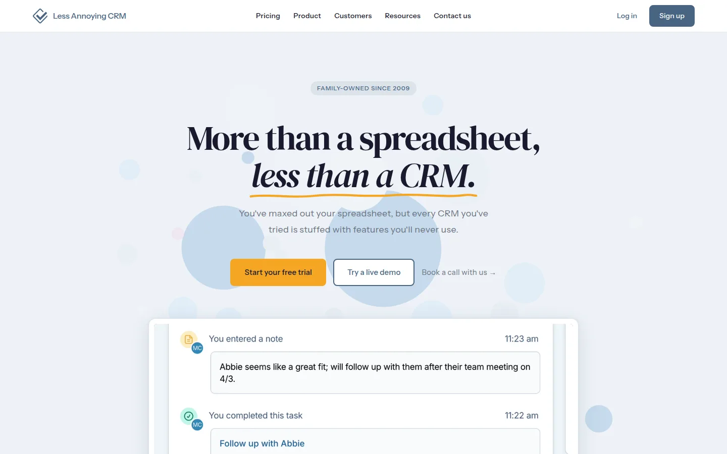 The Less Annoying CRM website, a simple flat-priced CRM for small businesses.