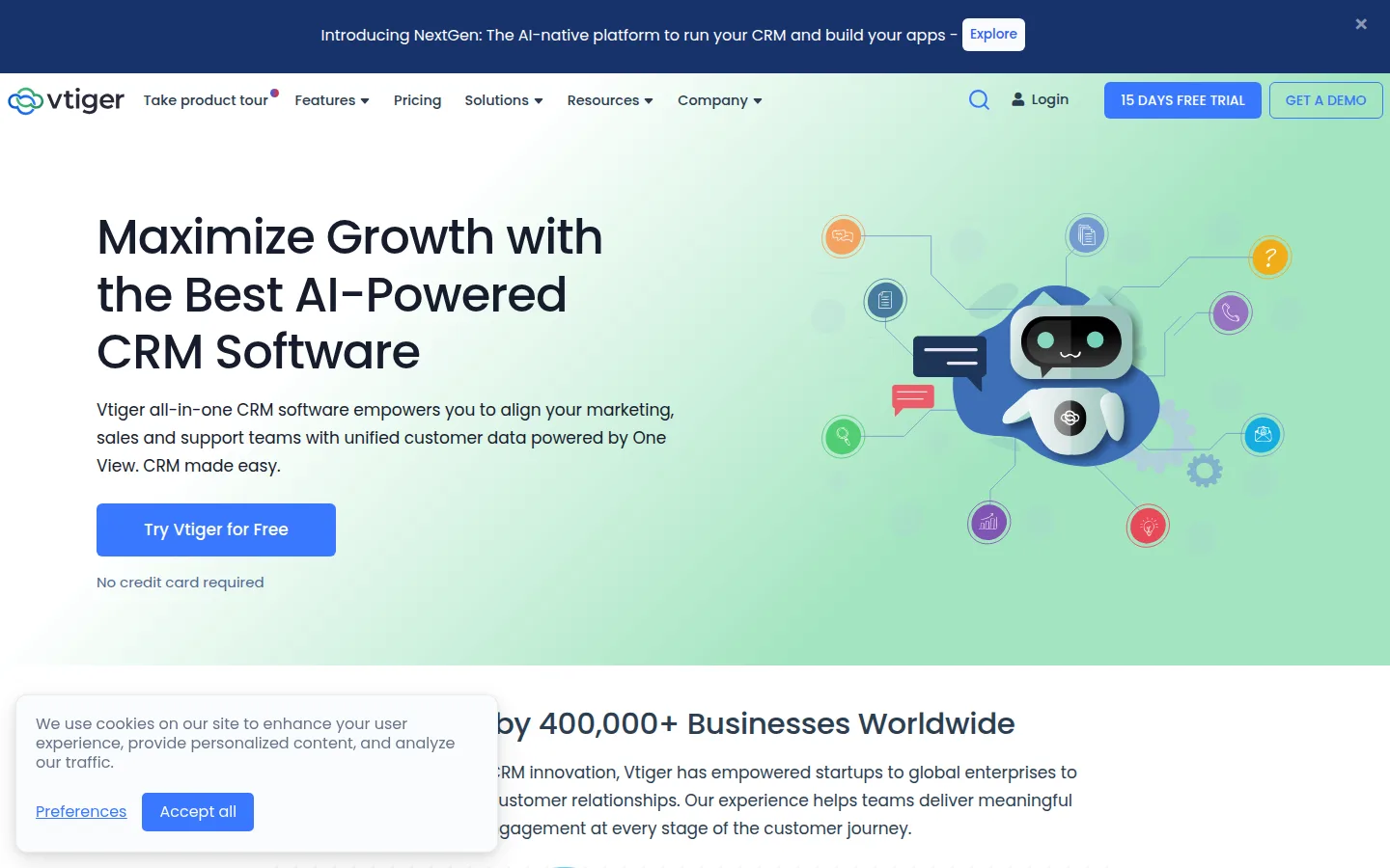 The Vtiger website, an all-in-one CRM with a 10-user free plan.
