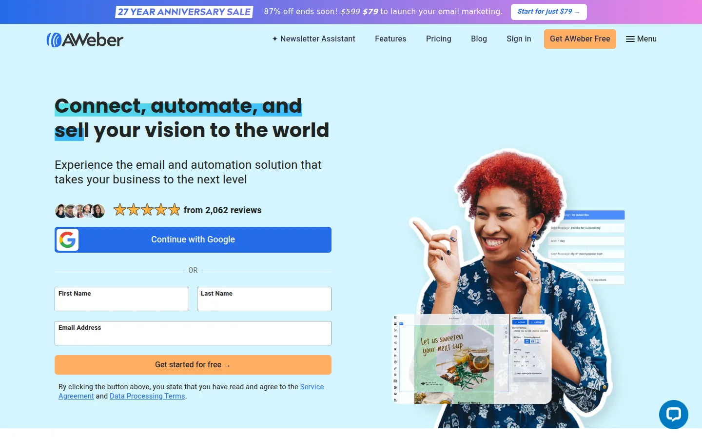 The AWeber website, a long-running email marketing platform.