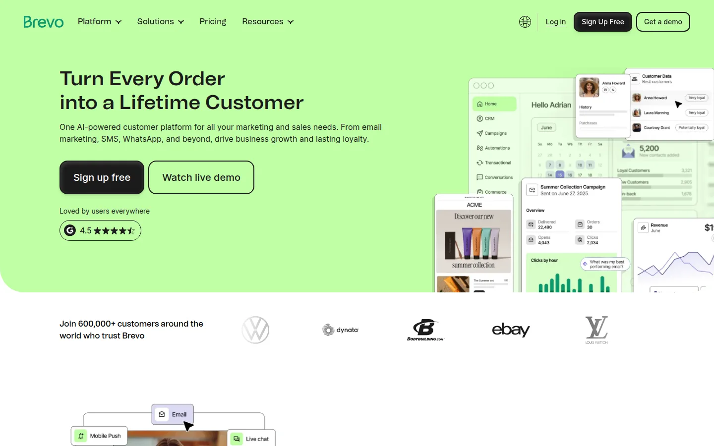 The Brevo website, a marketing platform with email, SMS, and a built-in CRM.