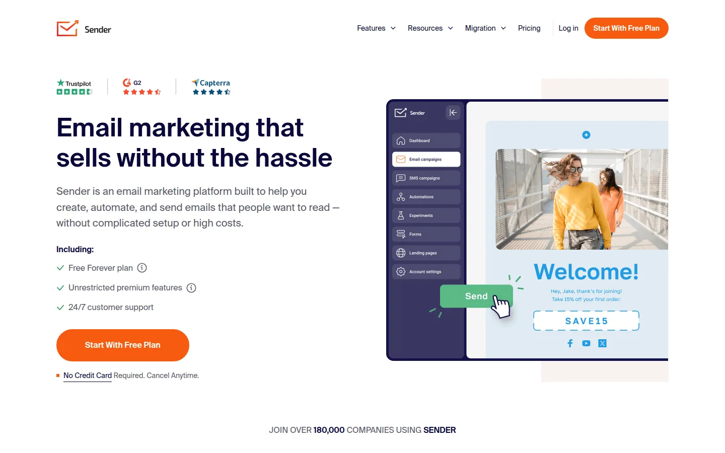 The Sender website, an email marketing tool with automation on its free plan.