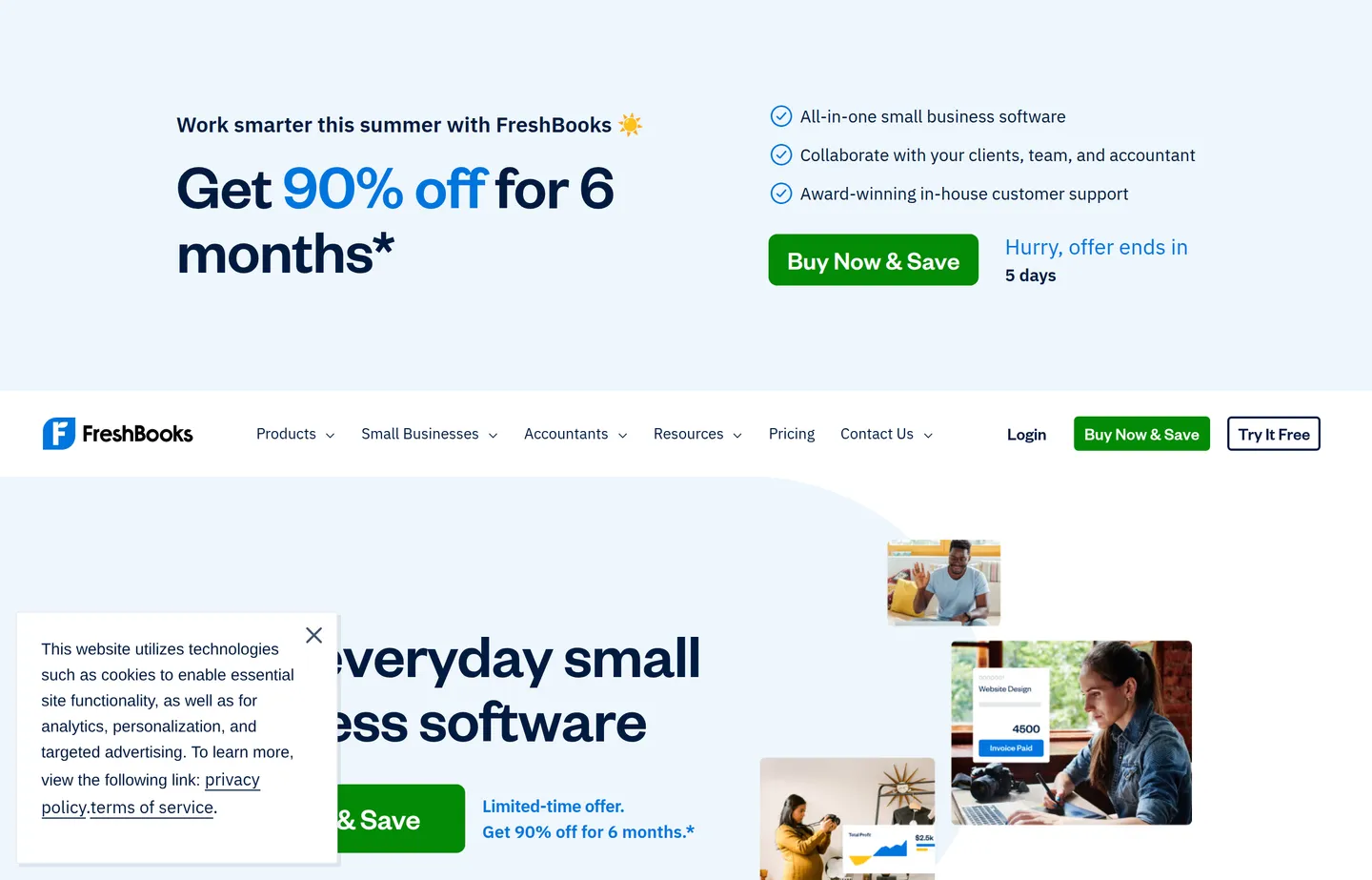 The FreshBooks website, an all-in-one invoicing and accounting platform.