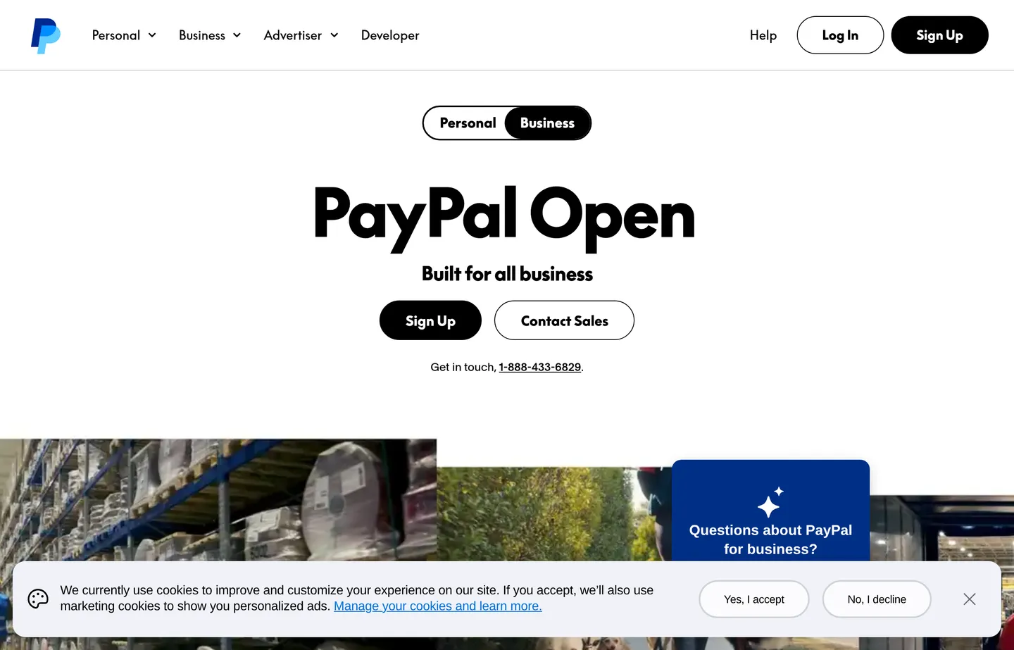 PayPal’s business payments and invoicing page.