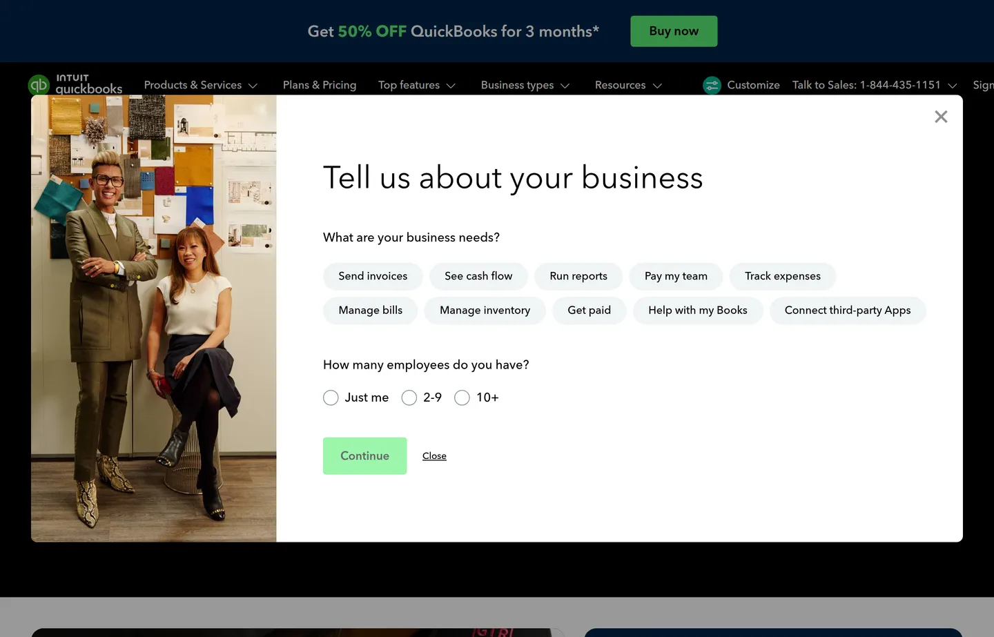The QuickBooks website homepage.