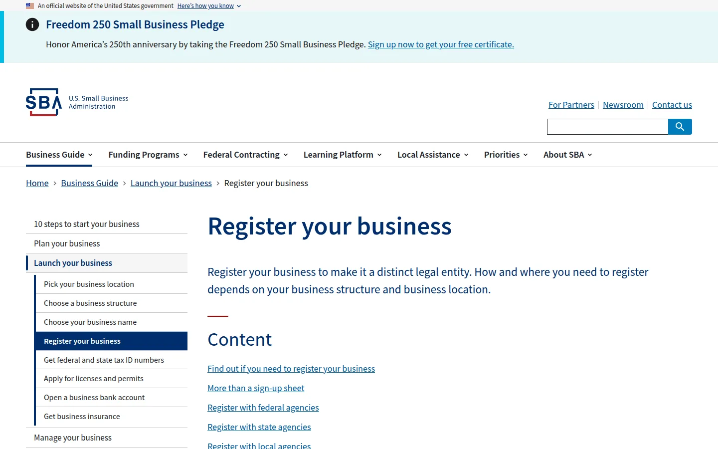 The SBA's register-your-business guide, the official starting point for DIY formation.