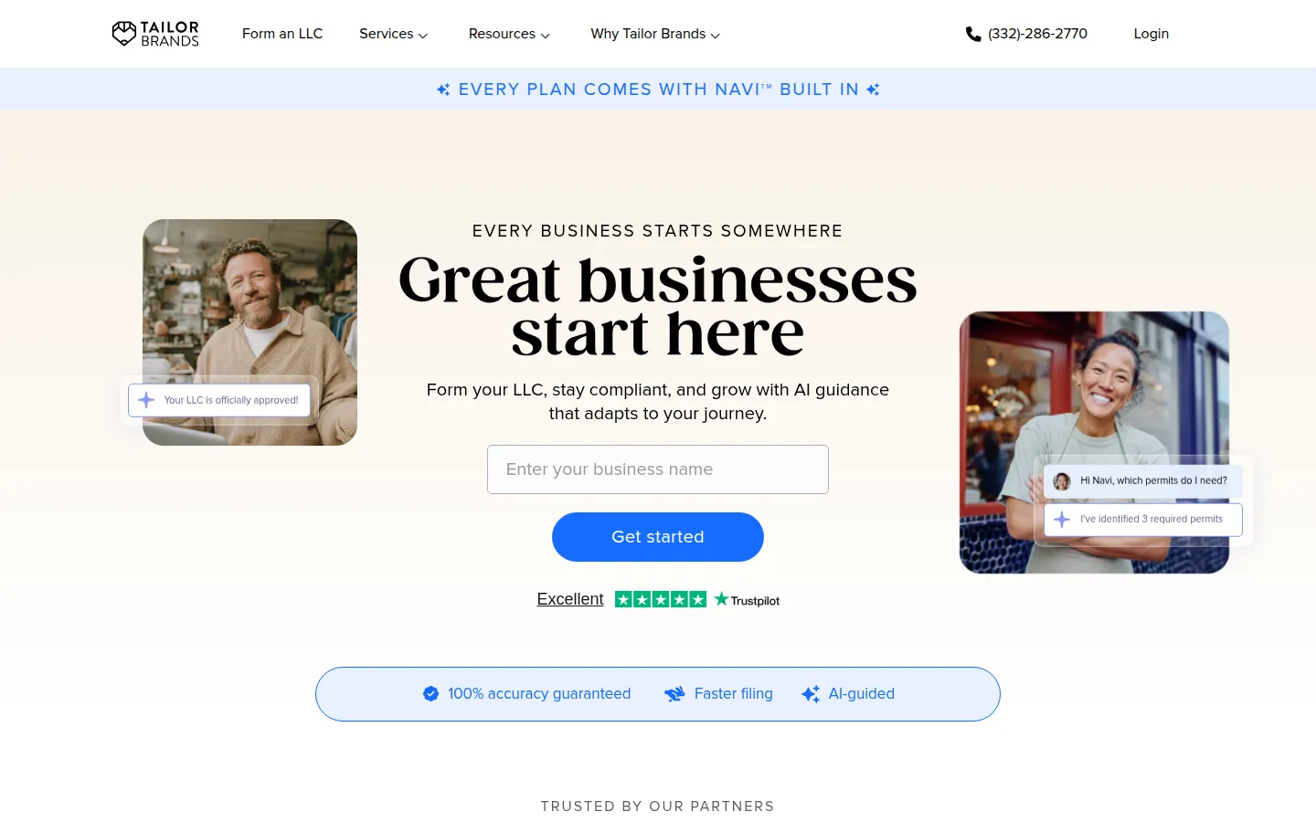 The Tailor Brands website, LLC formation bundled with branding tools.