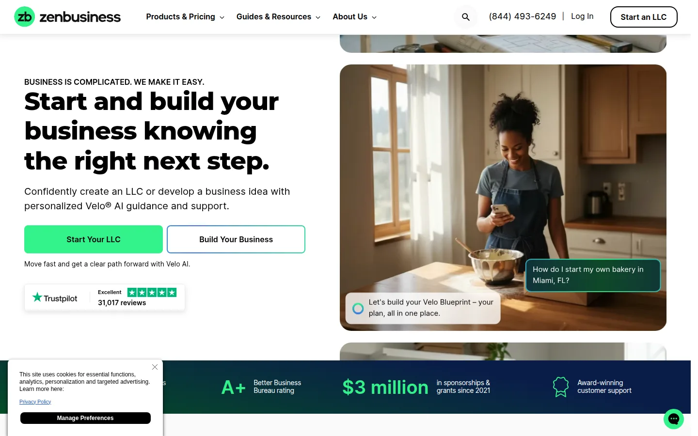 The ZenBusiness website, $0 LLC formation with add-on services.