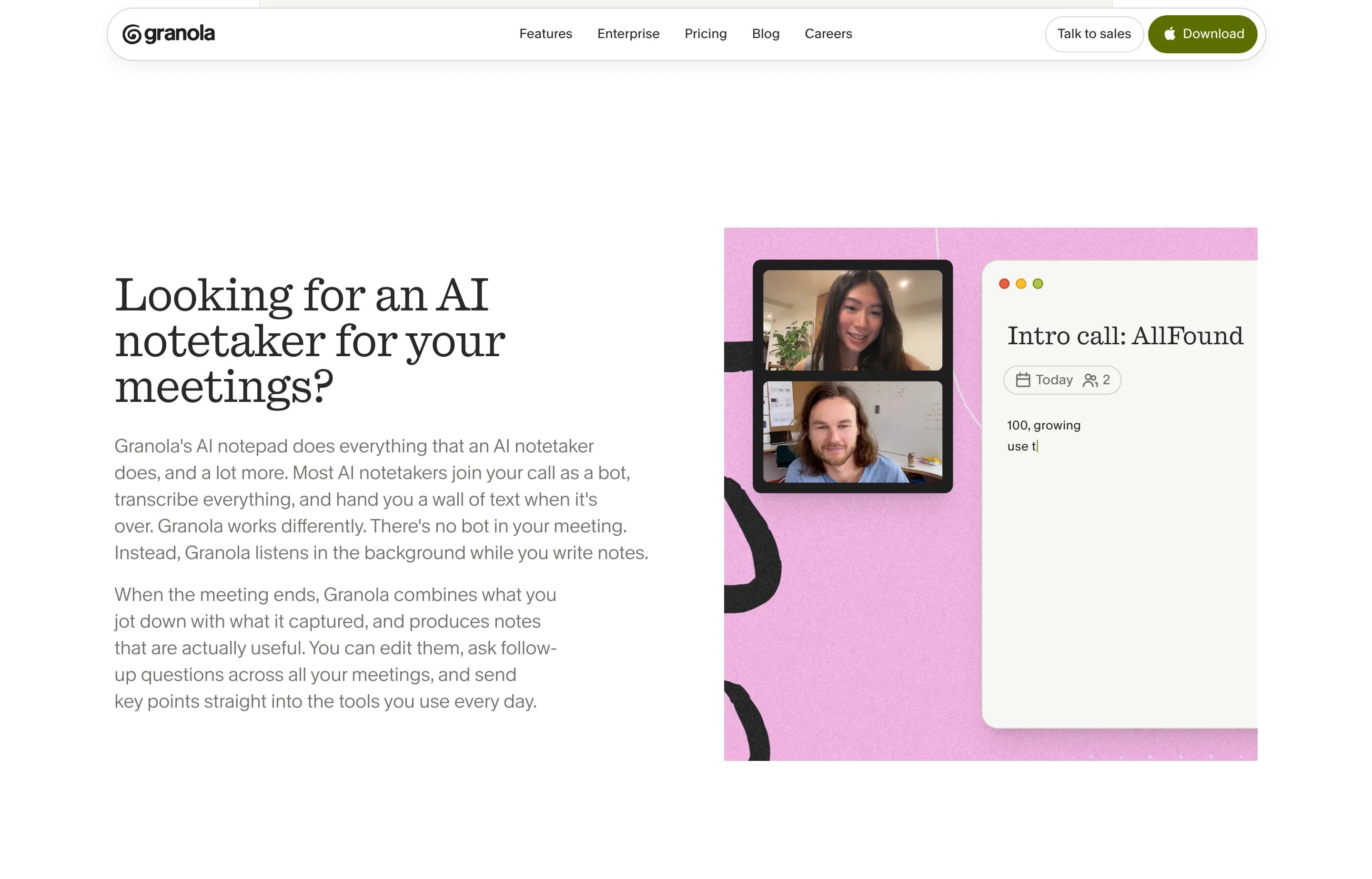 Granola's AI notepad product page for meeting notes.